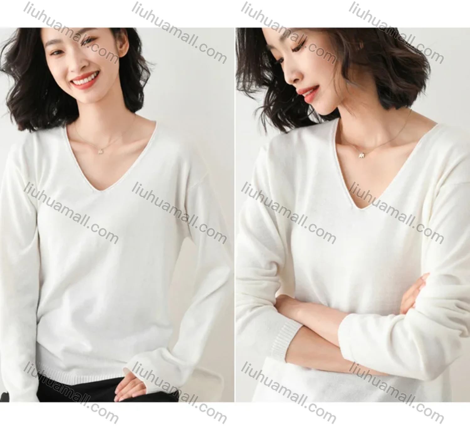 Wholesale Women's Casual V Neck Loose Fit Pullover Sweater Long Sleeve Blouse - Liuhuamall