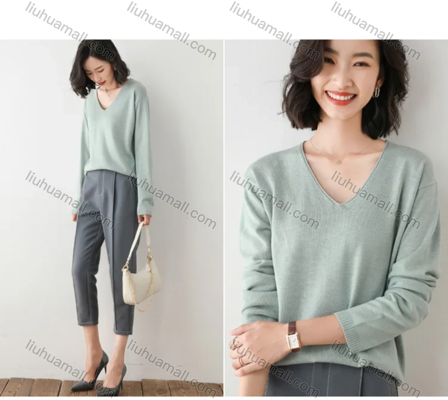 Wholesale Women's Casual V Neck Loose Fit Pullover Sweater Long Sleeve Blouse - Liuhuamall