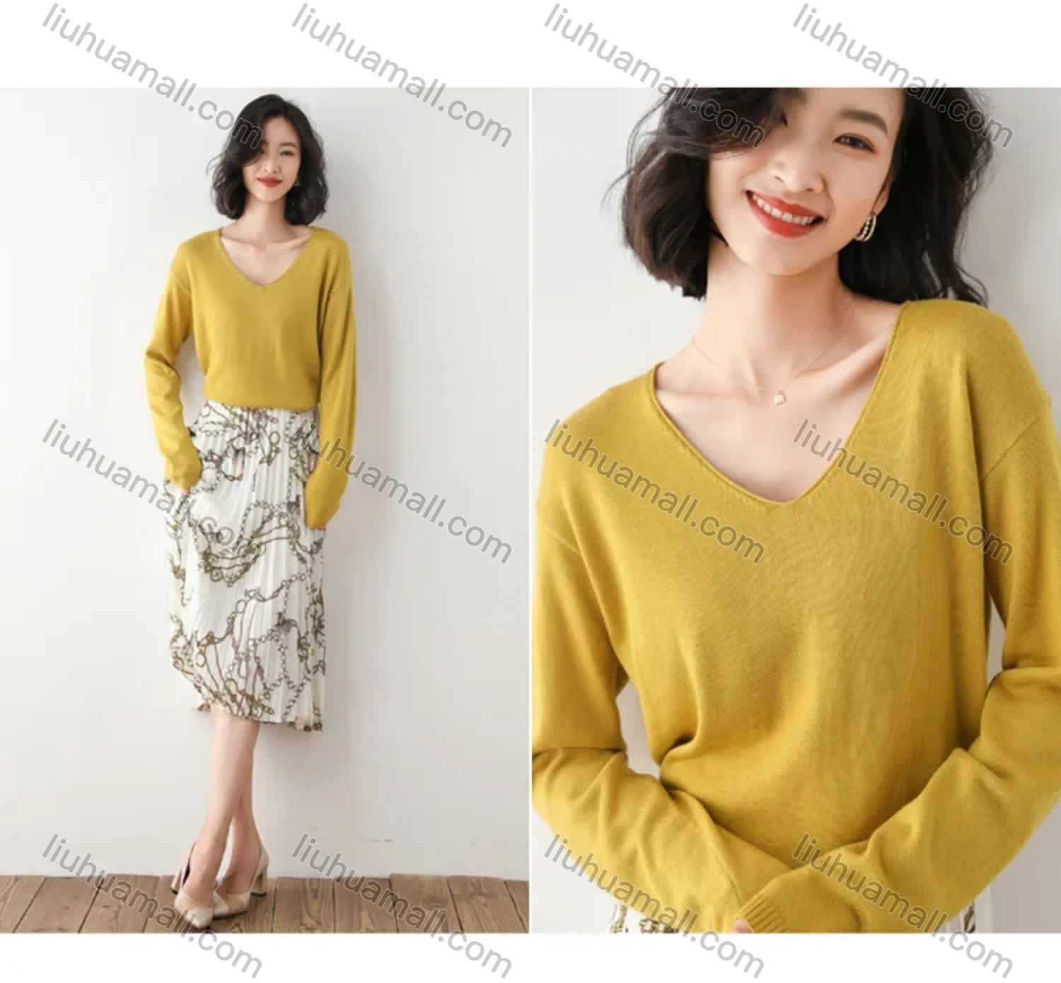 Wholesale Women's Casual V Neck Loose Fit Pullover Sweater Long Sleeve Blouse - Liuhuamall
