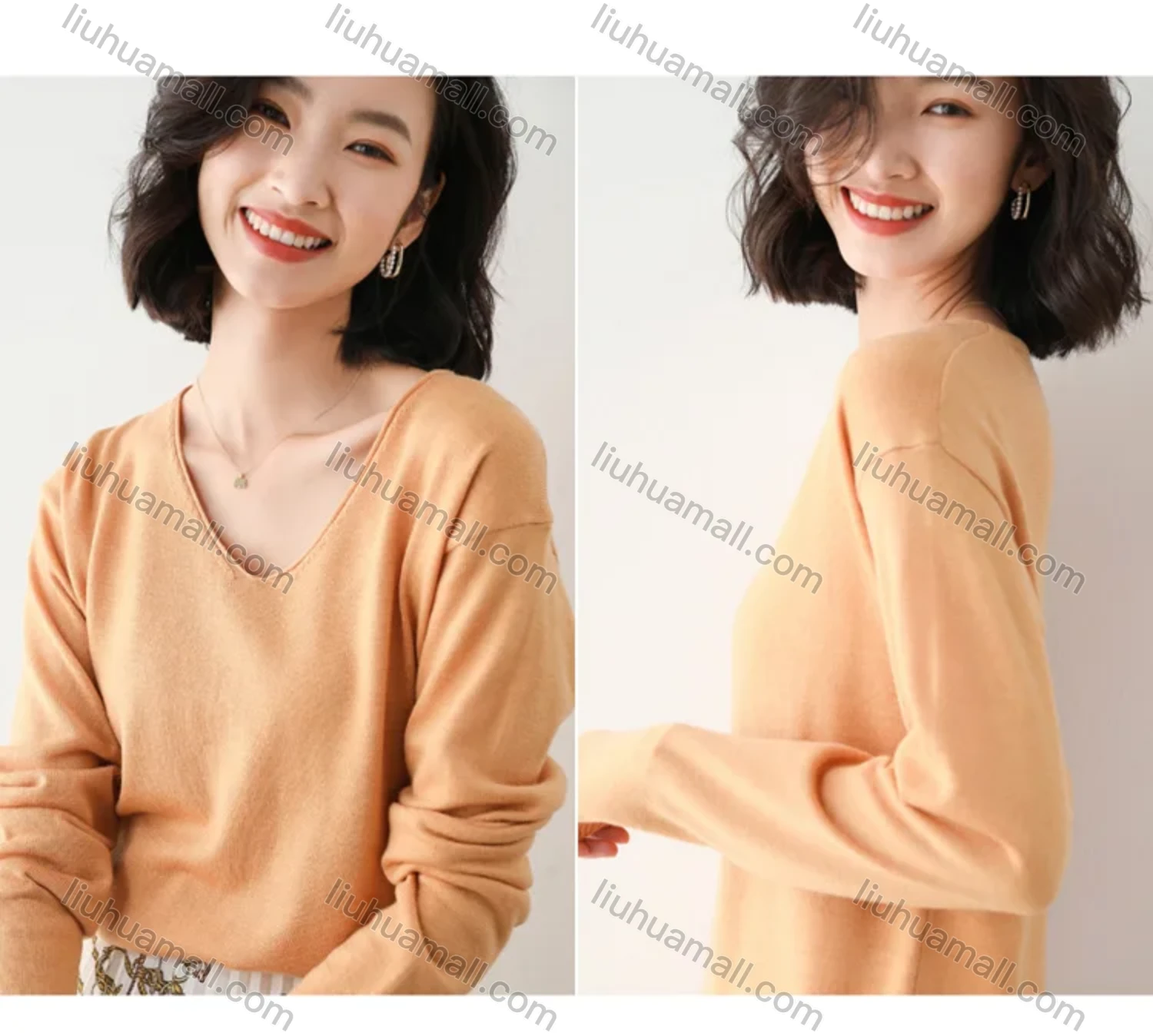Wholesale Women's Casual V Neck Loose Fit Pullover Sweater Long Sleeve Blouse - Liuhuamall