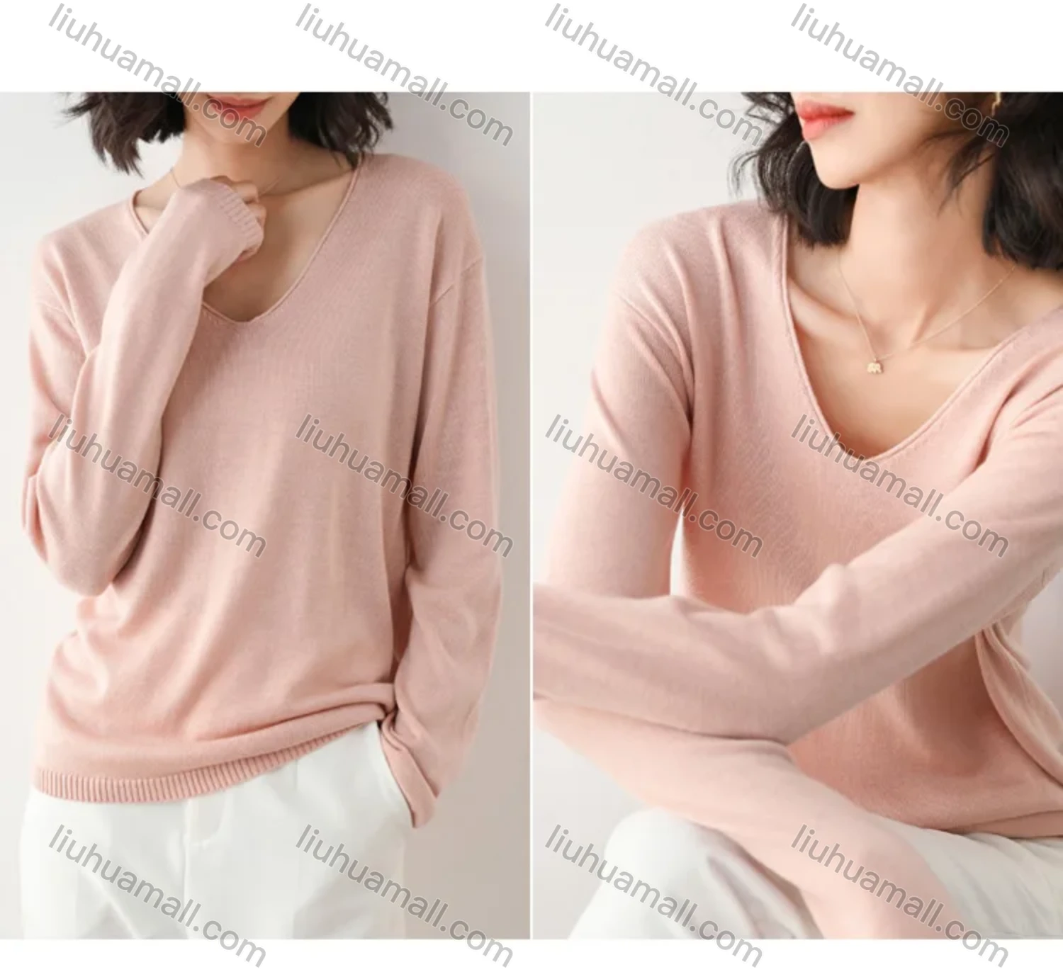 Wholesale Women's Casual V Neck Loose Fit Pullover Sweater Long Sleeve Blouse - Liuhuamall