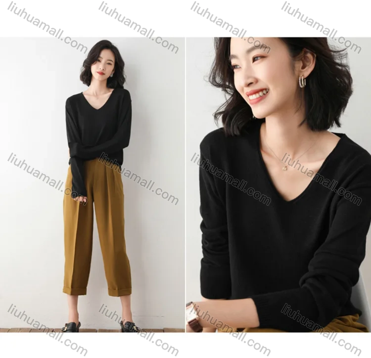 Wholesale Women's Casual V Neck Loose Fit Pullover Sweater Long Sleeve Blouse - Liuhuamall