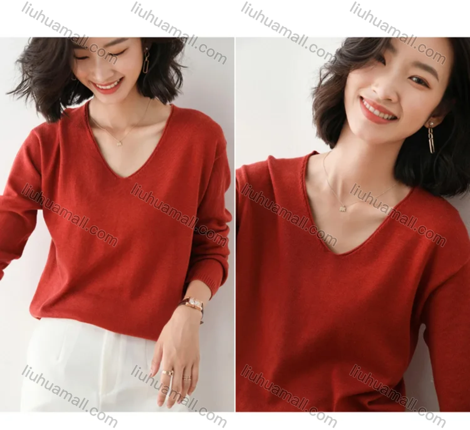 Wholesale Women's Casual V Neck Loose Fit Pullover Sweater Long Sleeve Blouse - Liuhuamall