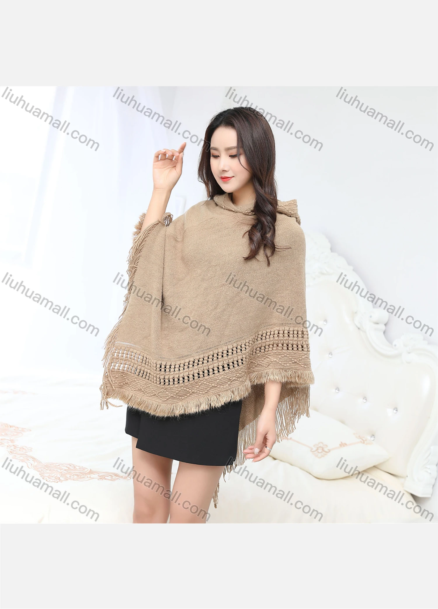 Wholesale Women's Casual Plain Scarf Hem Tassel Trim Hollow Out Hooded Cape - Liuhuamall