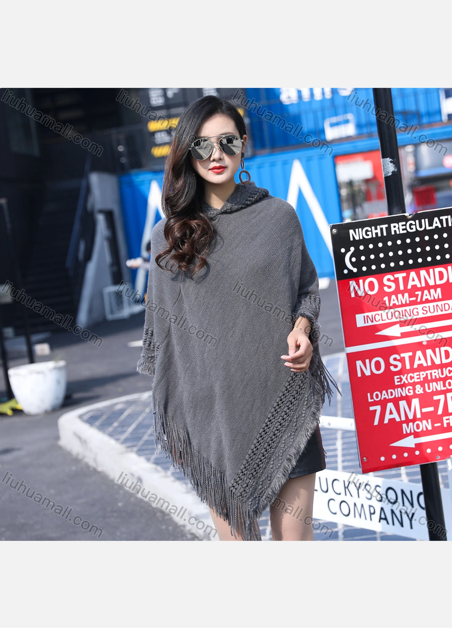 Wholesale Women's Casual Plain Scarf Hem Tassel Trim Hollow Out Hooded Cape - Liuhuamall