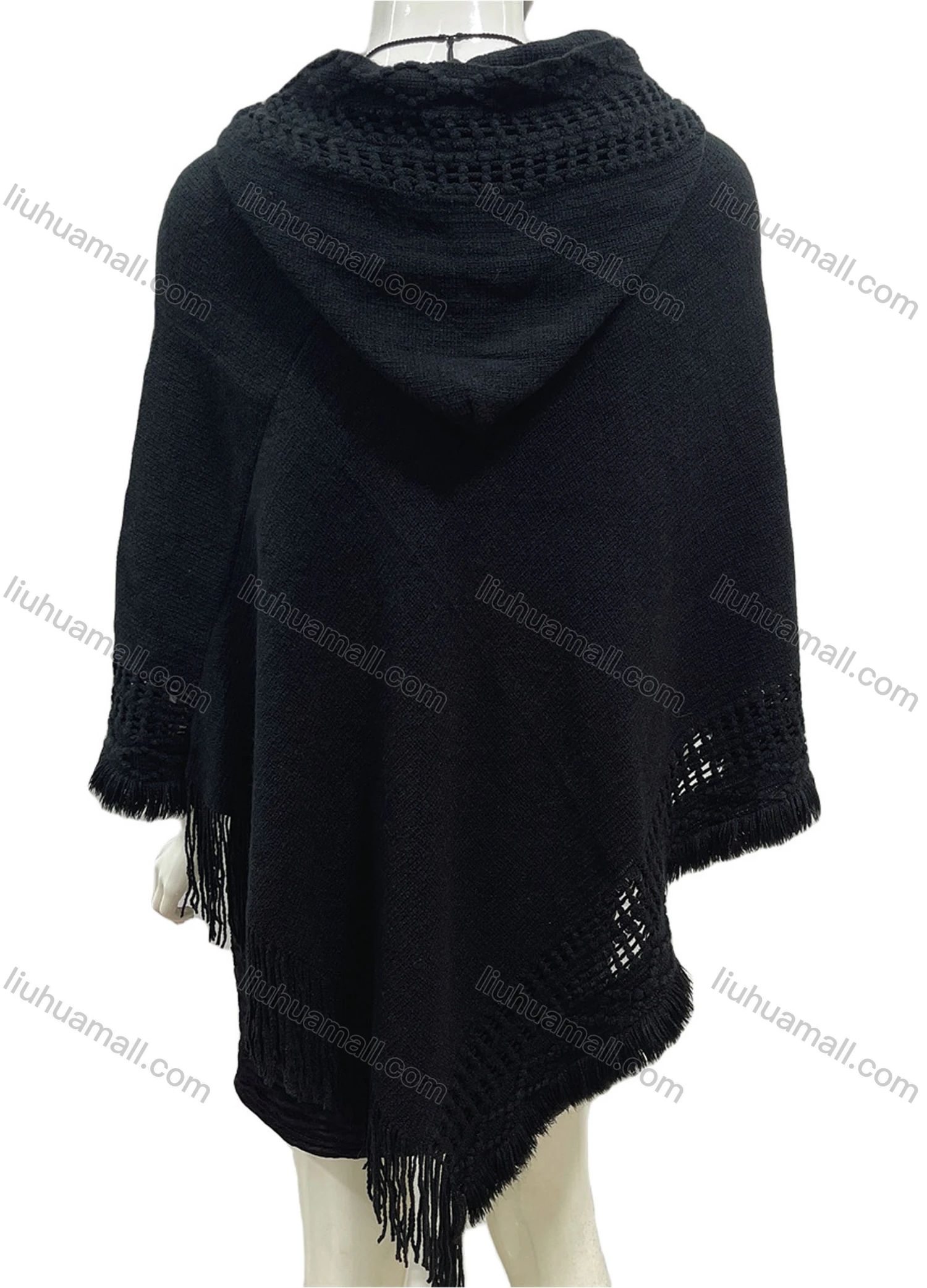 Wholesale Women's Casual Plain Scarf Hem Tassel Trim Hollow Out Hooded Cape - Liuhuamall