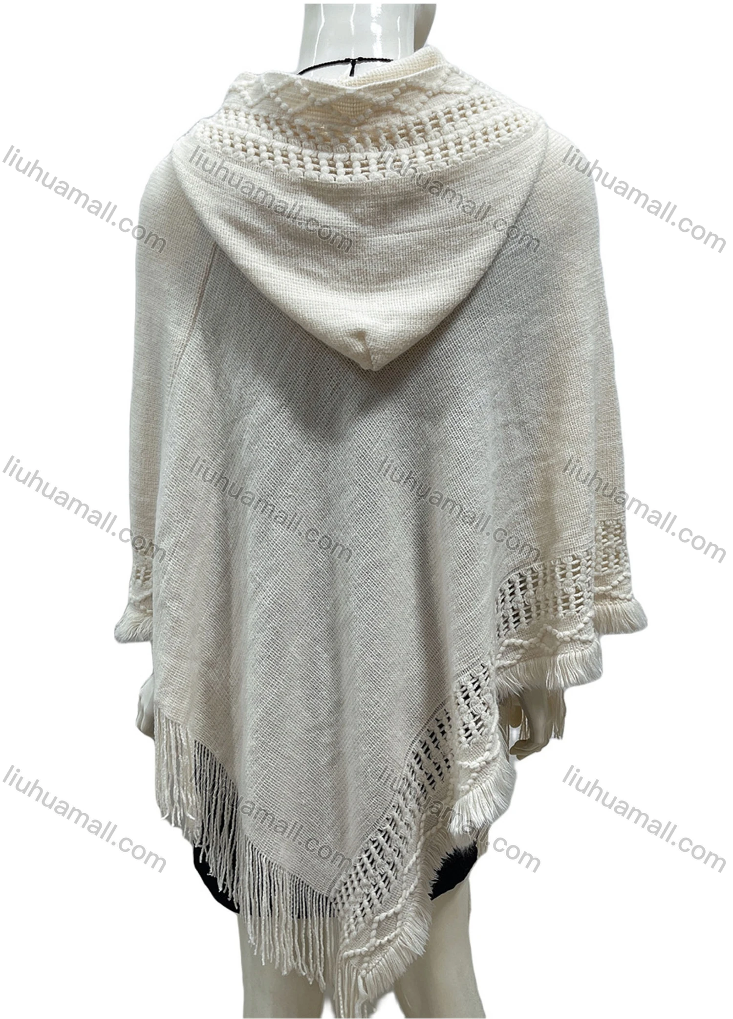 Wholesale Women's Casual Plain Scarf Hem Tassel Trim Hollow Out Hooded Cape - Liuhuamall