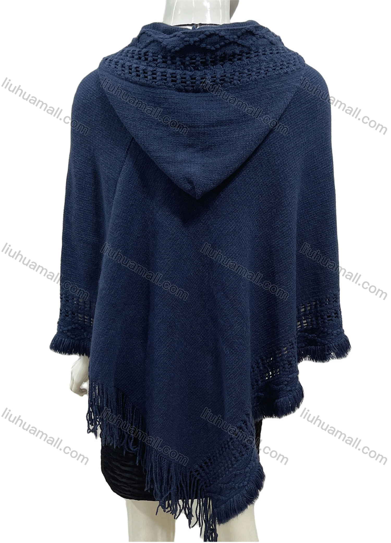 Wholesale Women's Casual Plain Scarf Hem Tassel Trim Hollow Out Hooded Cape - Liuhuamall