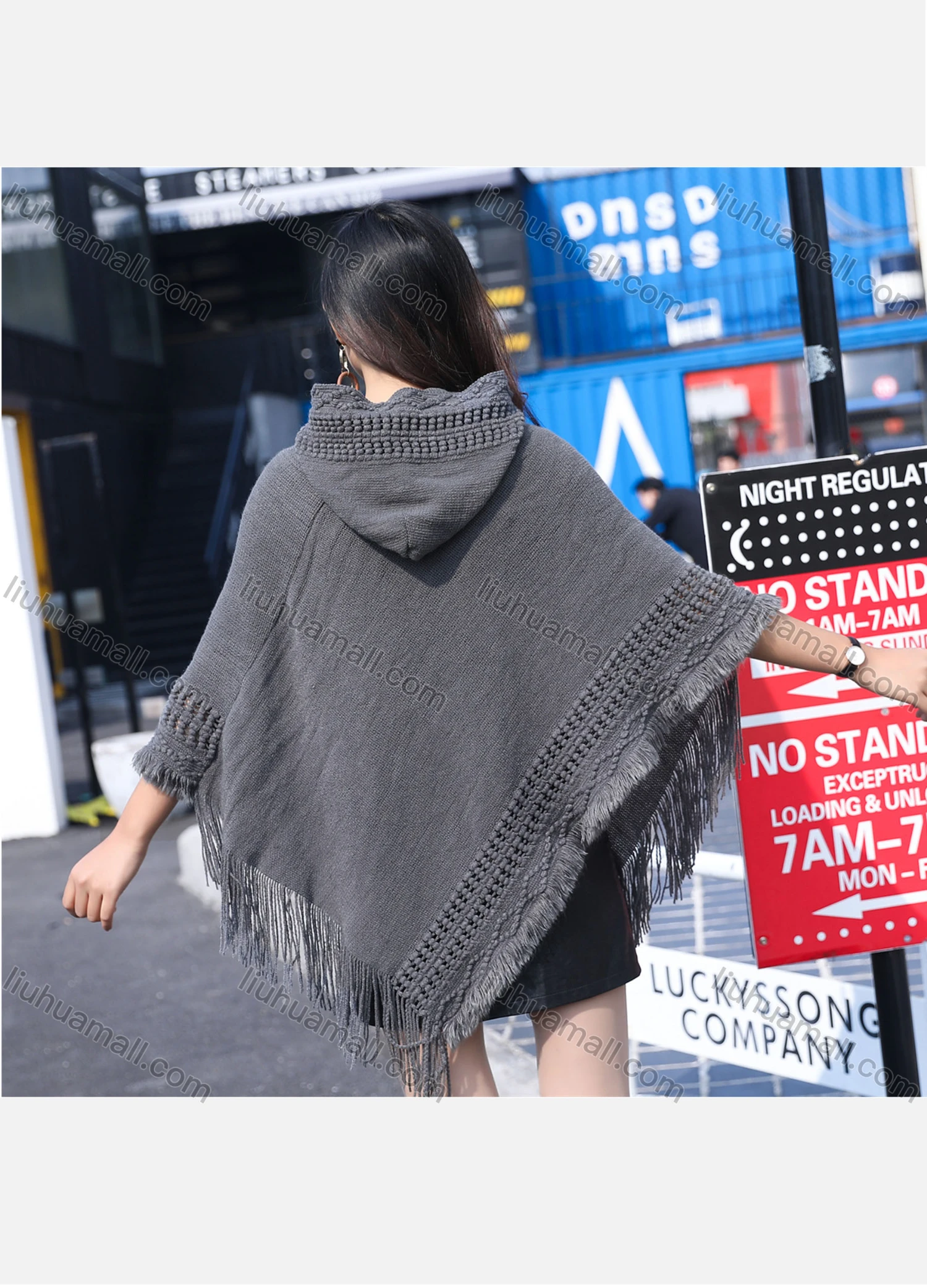 Wholesale Women's Casual Plain Scarf Hem Tassel Trim Hollow Out Hooded Cape - Liuhuamall