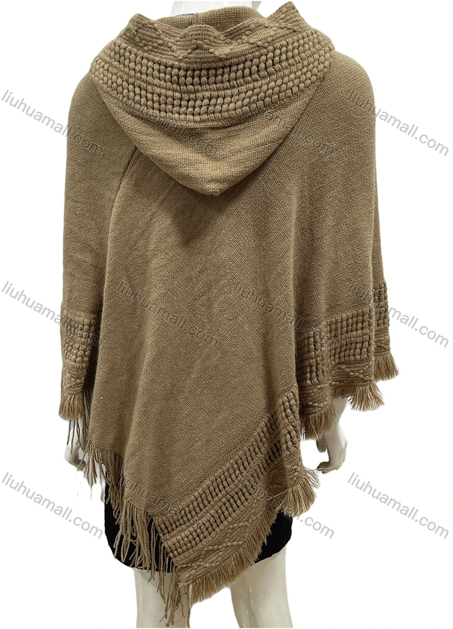 Wholesale Women's Casual Plain Scarf Hem Tassel Trim Hollow Out Hooded Cape - Liuhuamall