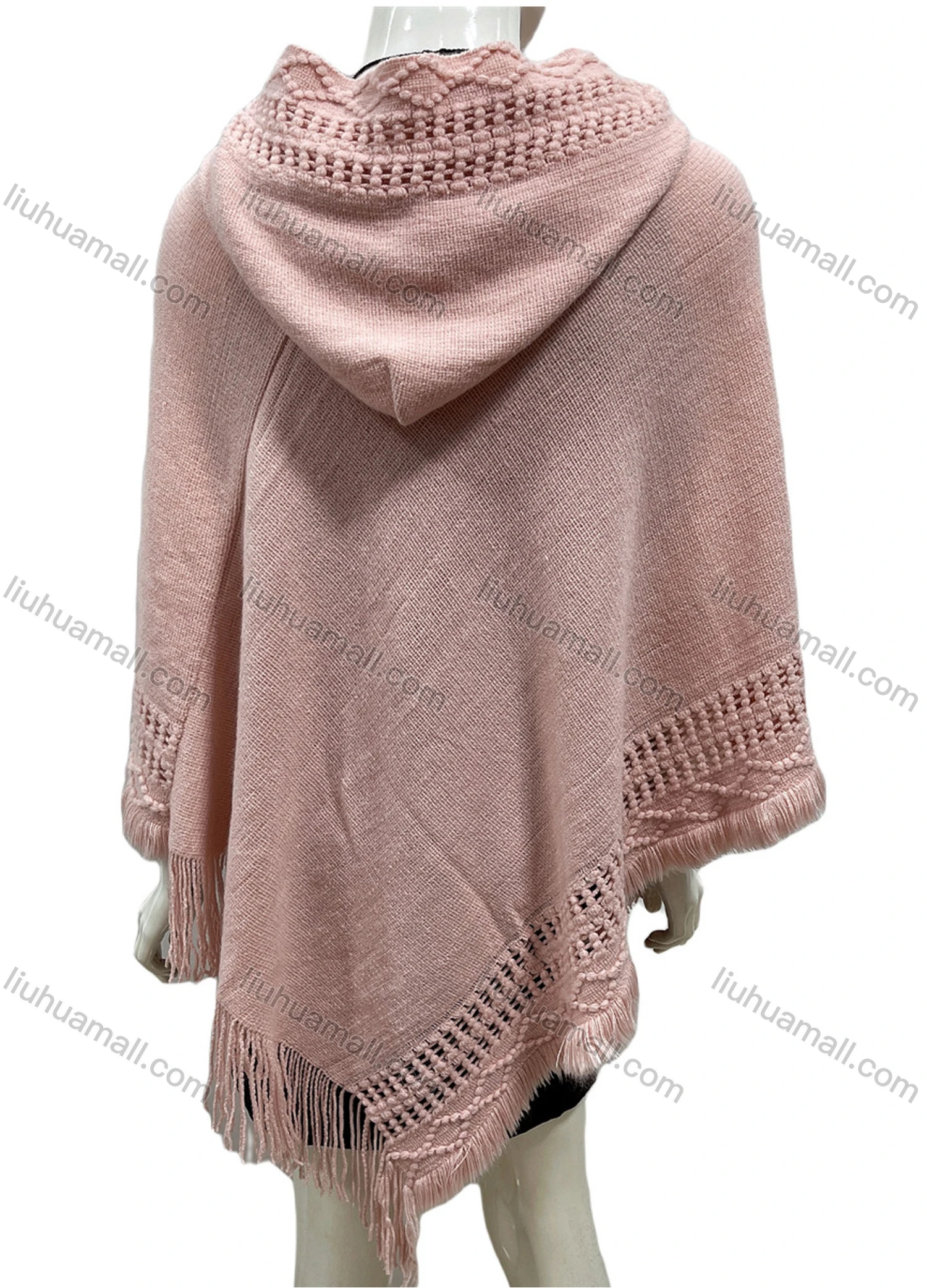 Wholesale Women's Casual Plain Scarf Hem Tassel Trim Hollow Out Hooded Cape - Liuhuamall