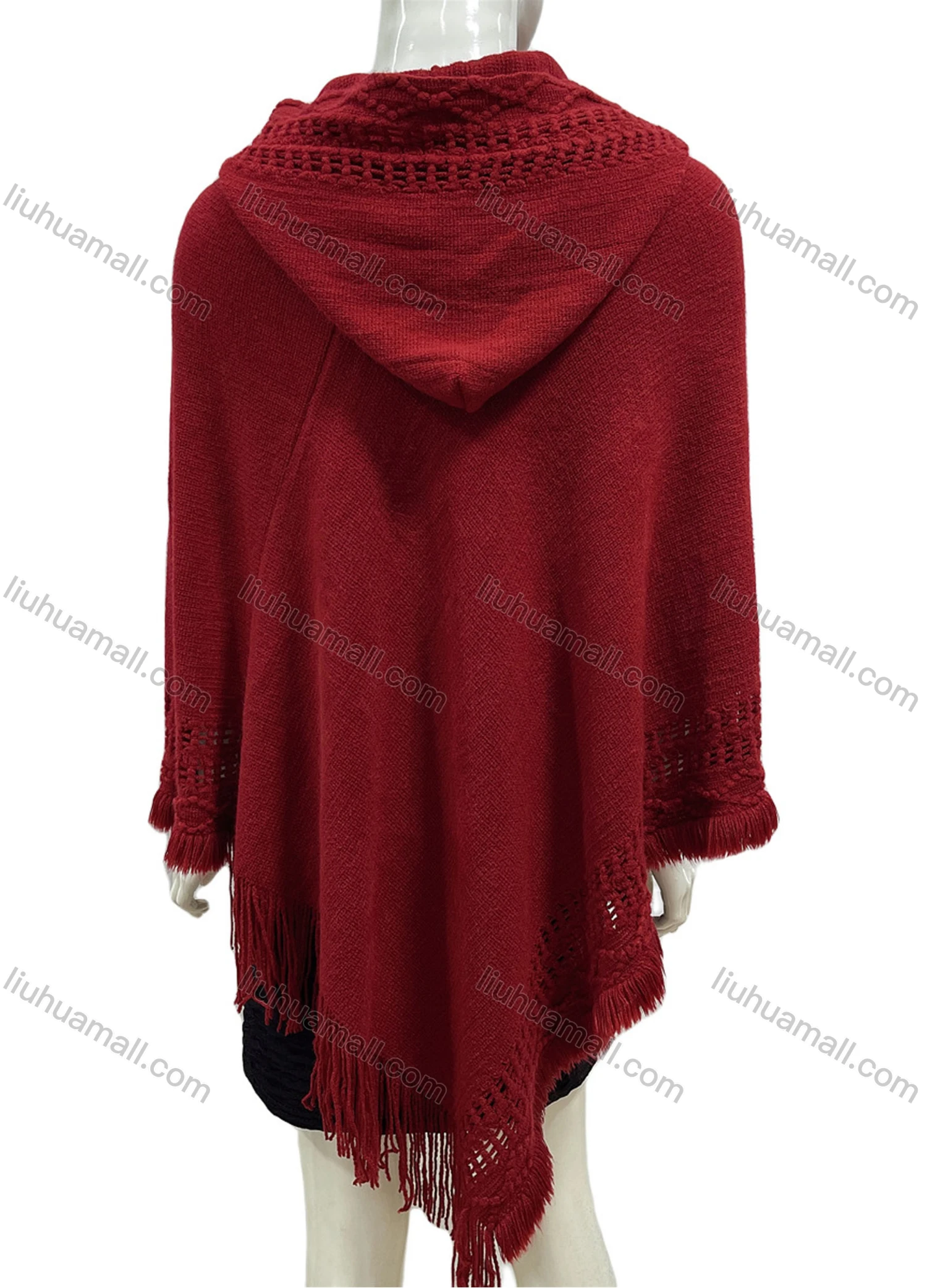 Wholesale Women's Casual Plain Scarf Hem Tassel Trim Hollow Out Hooded Cape - Liuhuamall