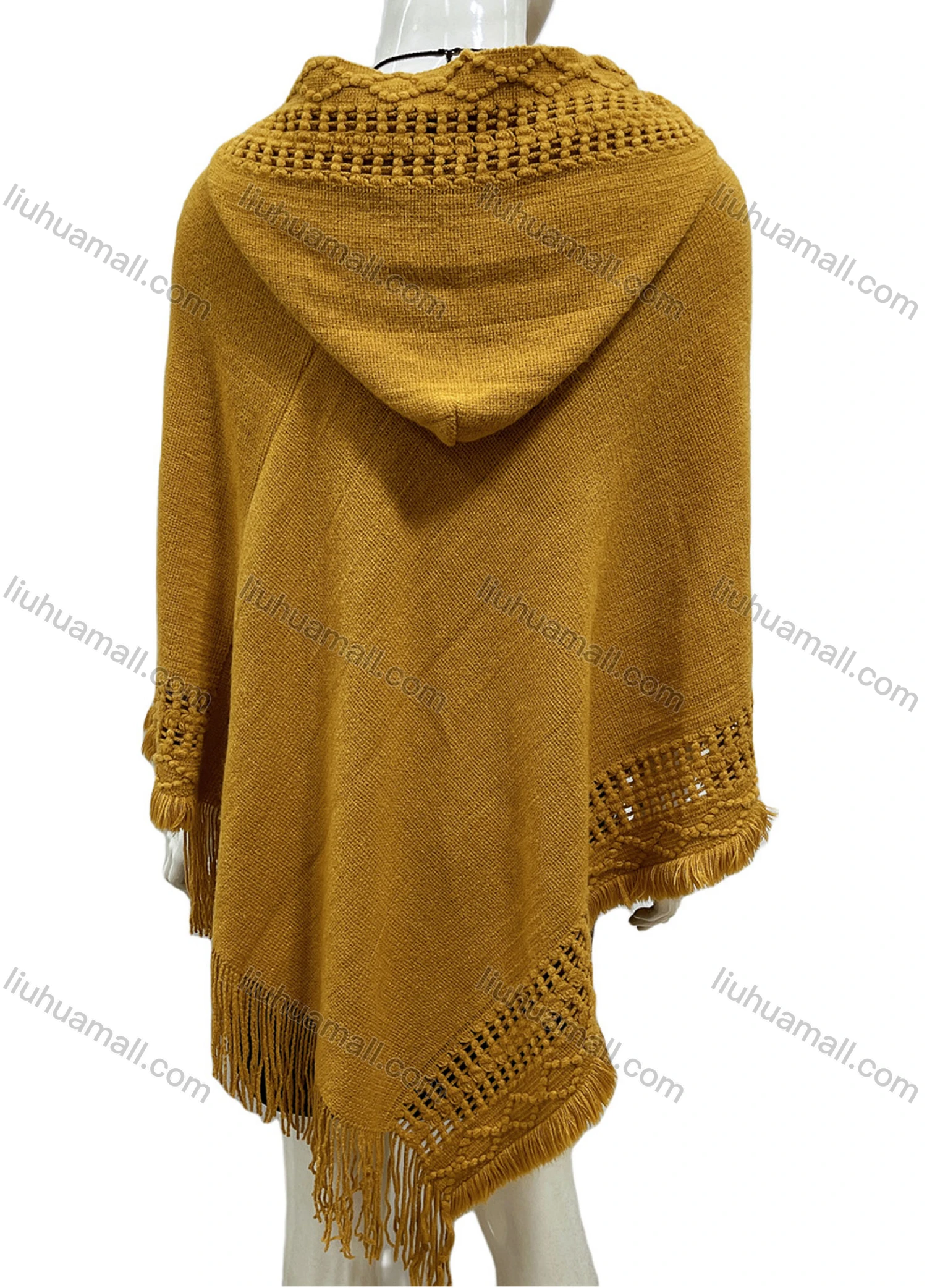 Wholesale Women's Casual Plain Scarf Hem Tassel Trim Hollow Out Hooded Cape - Liuhuamall