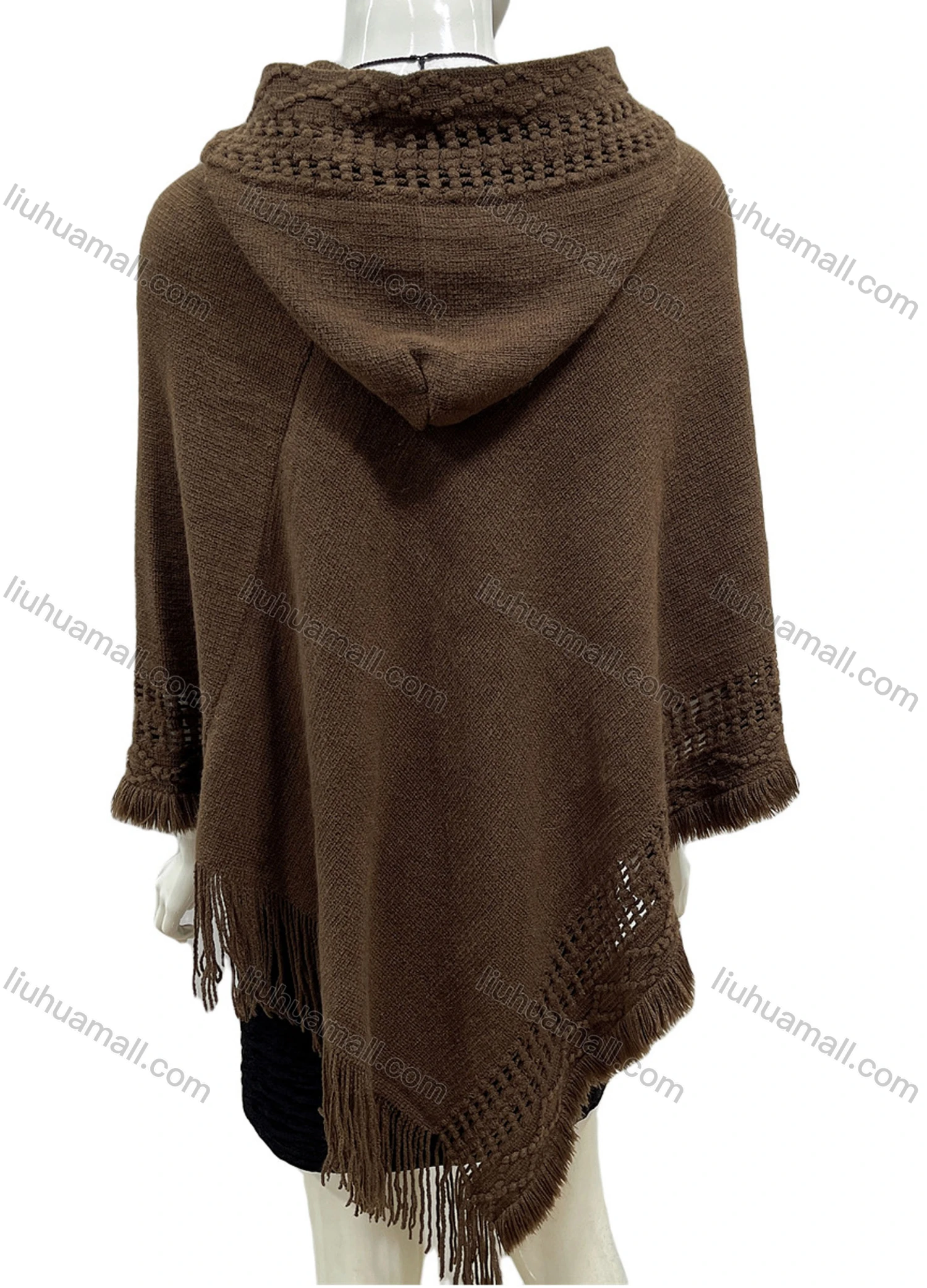 Wholesale Women's Casual Plain Scarf Hem Tassel Trim Hollow Out Hooded Cape - Liuhuamall