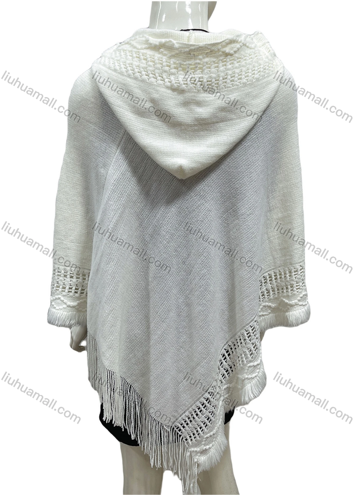 Wholesale Women's Casual Plain Scarf Hem Tassel Trim Hollow Out Hooded Cape - Liuhuamall