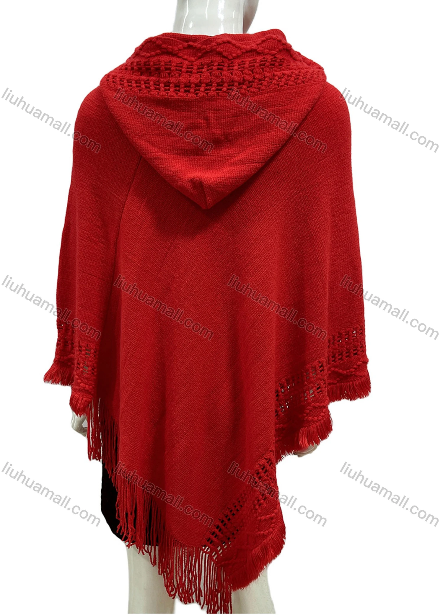 Wholesale Women's Casual Plain Scarf Hem Tassel Trim Hollow Out Hooded Cape - Liuhuamall