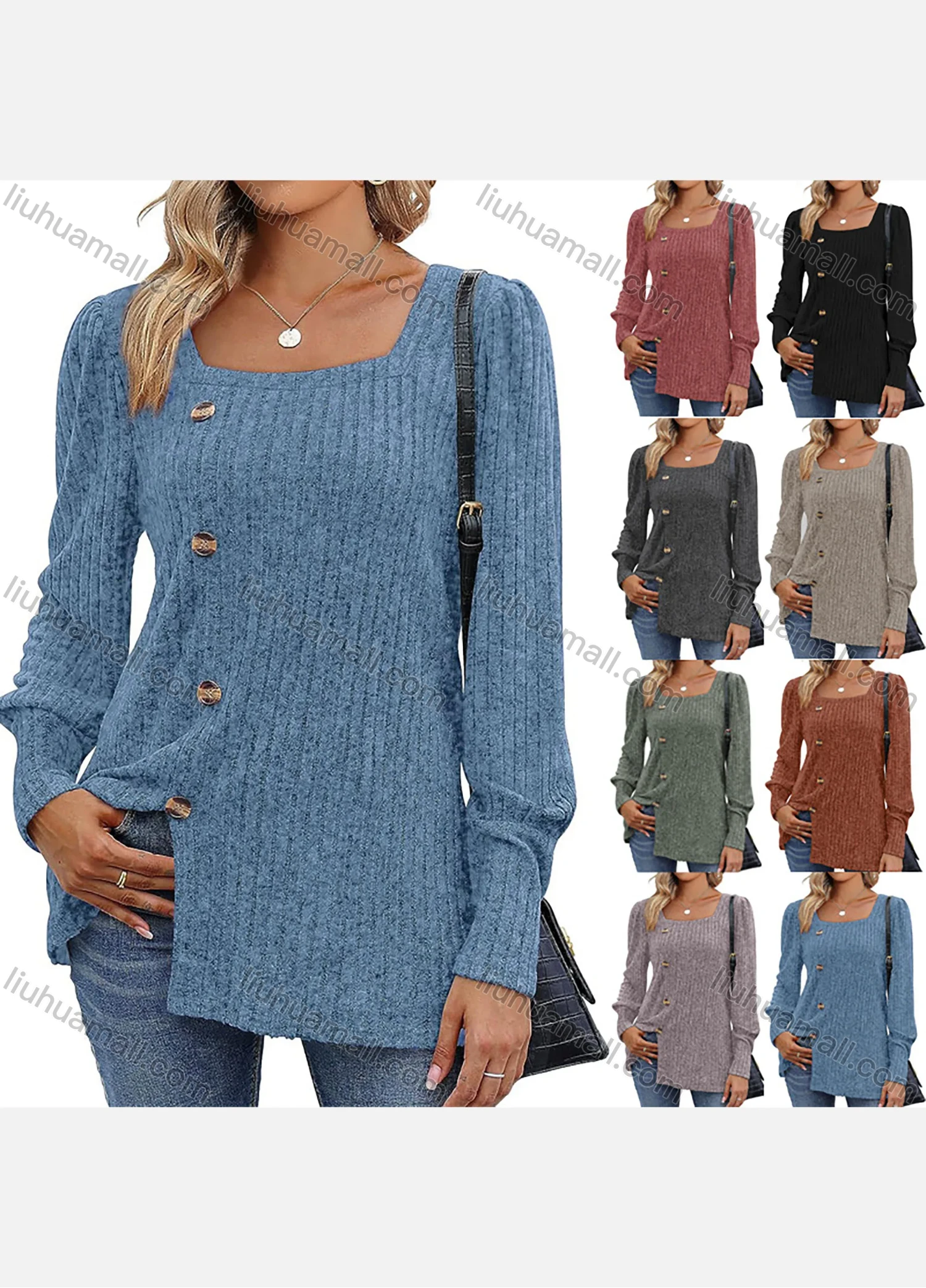 Wholesale Women's Casual Plain Button Decor Split Hem Square Neck Long Sleeve Tunic - Liuhuamall