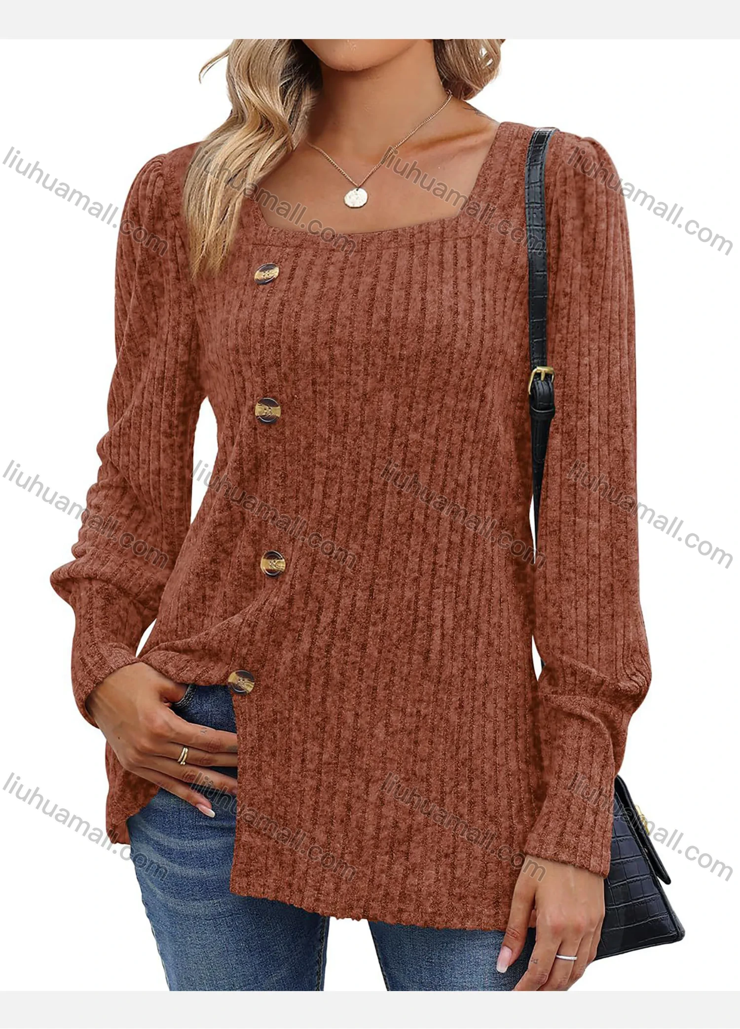 Wholesale Women's Casual Plain Button Decor Split Hem Square Neck Long Sleeve Tunic - Liuhuamall