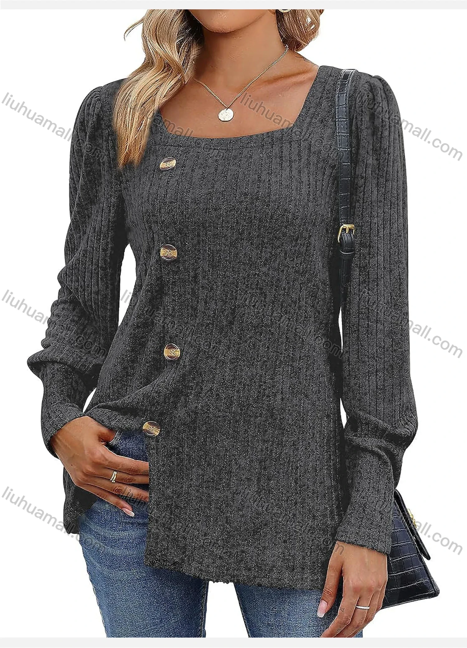 Wholesale Women's Casual Plain Button Decor Split Hem Square Neck Long Sleeve Tunic - Liuhuamall