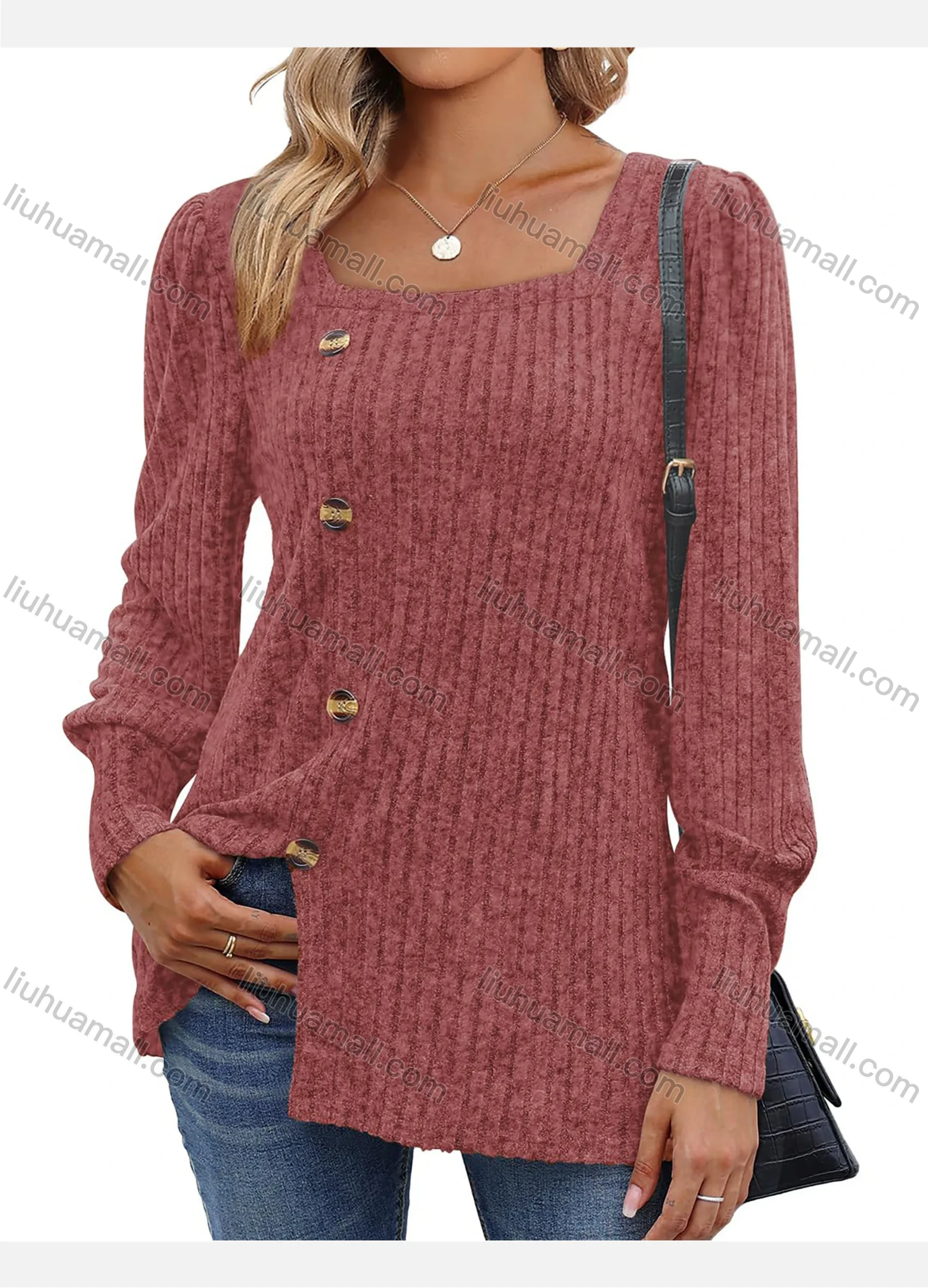 Wholesale Women's Casual Plain Button Decor Split Hem Square Neck Long Sleeve Tunic - Liuhuamall