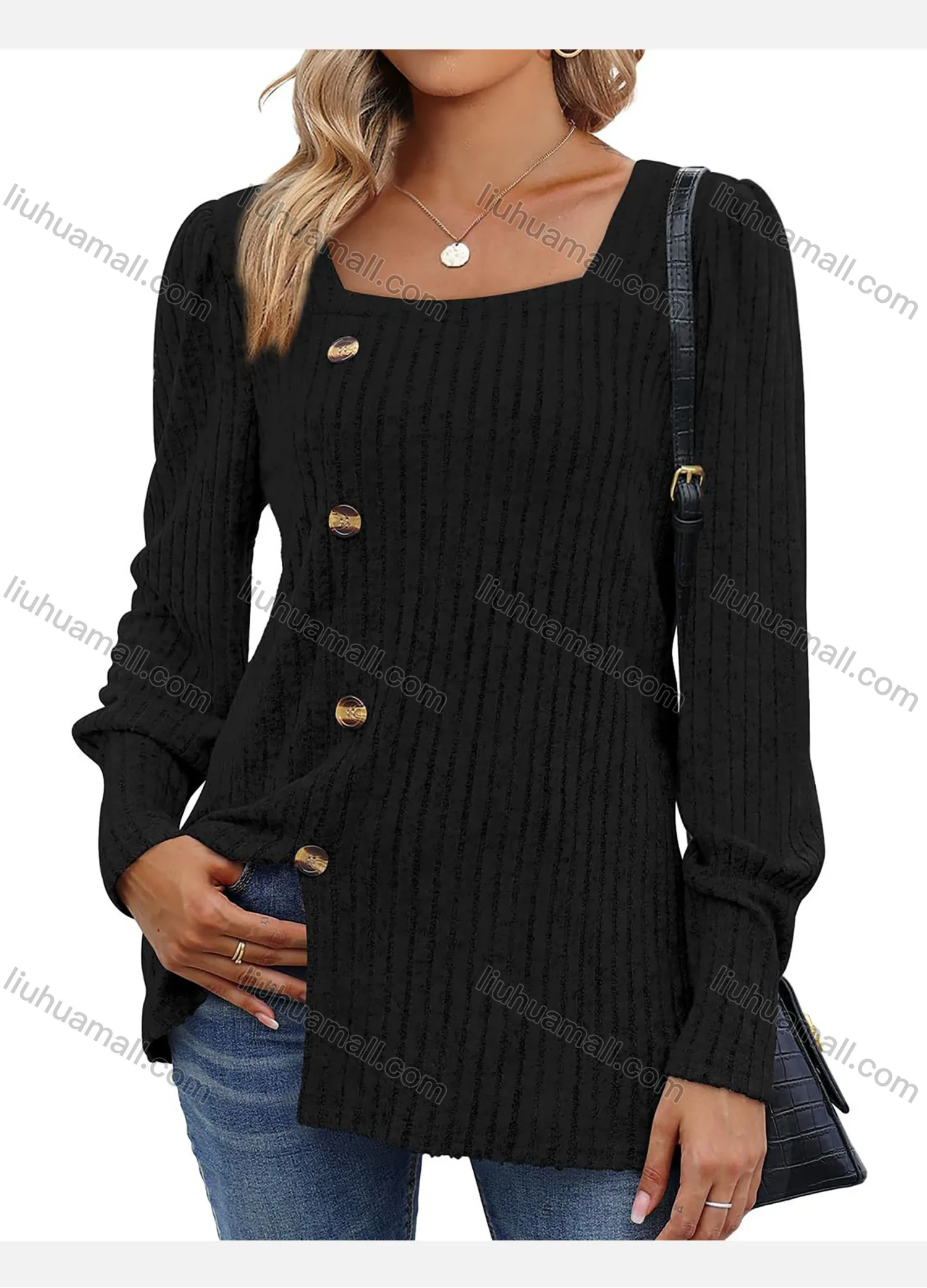 Wholesale Women's Casual Plain Button Decor Split Hem Square Neck Long Sleeve Tunic - Liuhuamall