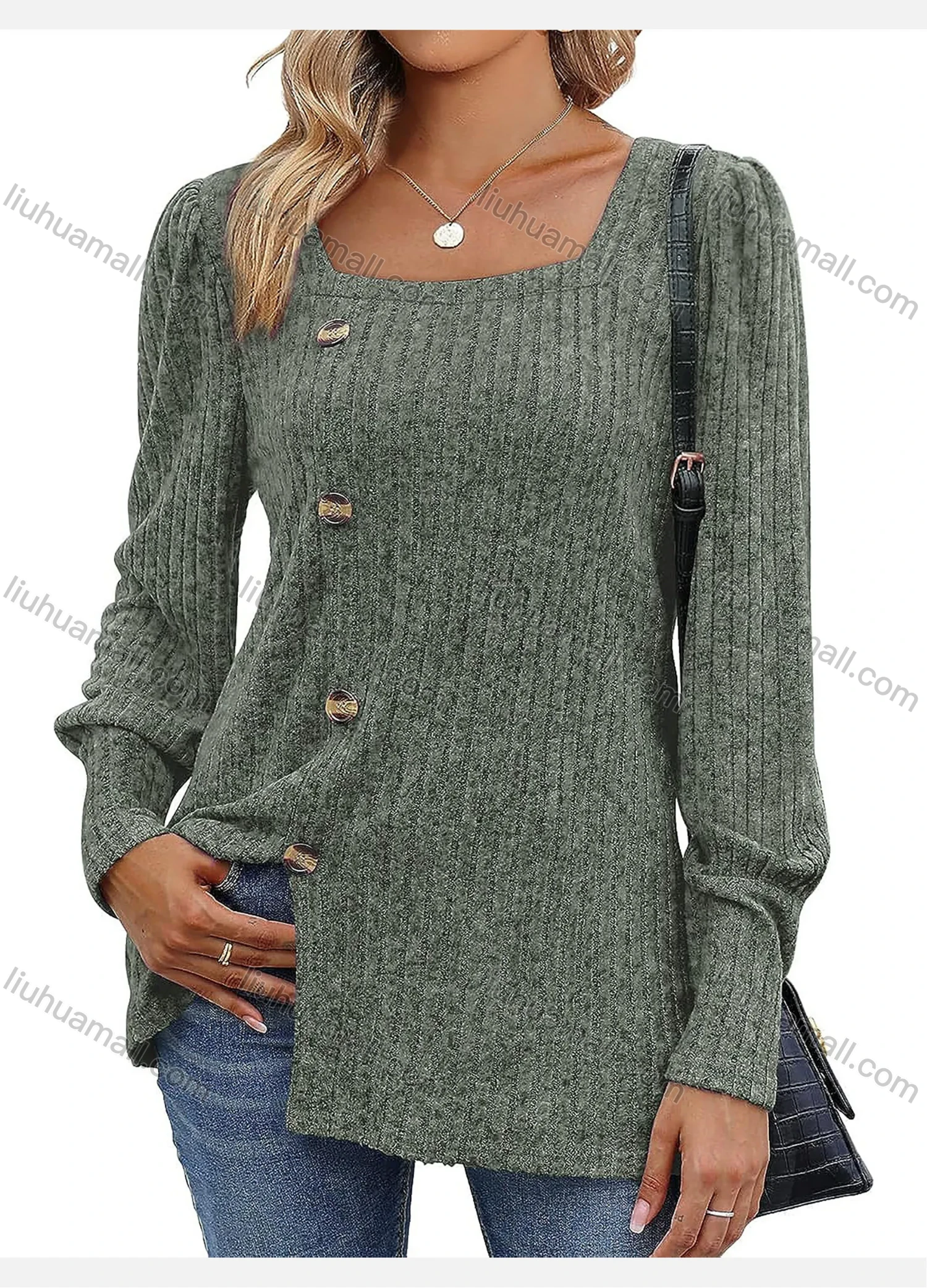 Wholesale Women's Casual Plain Button Decor Split Hem Square Neck Long Sleeve Tunic - Liuhuamall