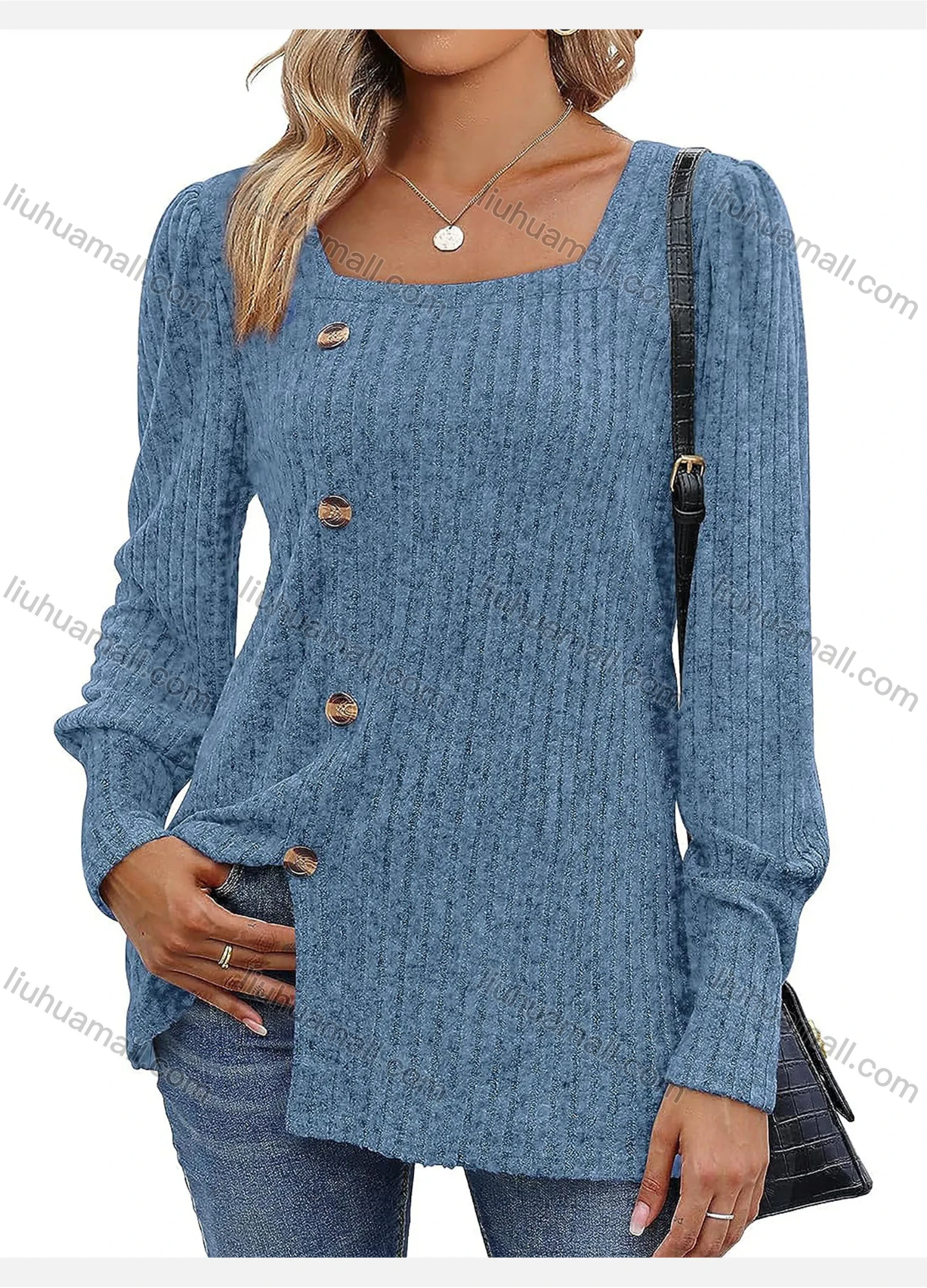 Wholesale Women's Casual Plain Button Decor Split Hem Square Neck Long Sleeve Tunic - Liuhuamall