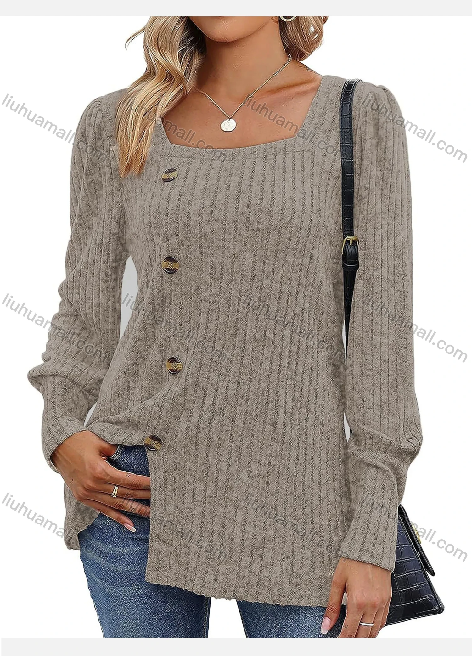 Wholesale Women's Casual Plain Button Decor Split Hem Square Neck Long Sleeve Tunic - Liuhuamall