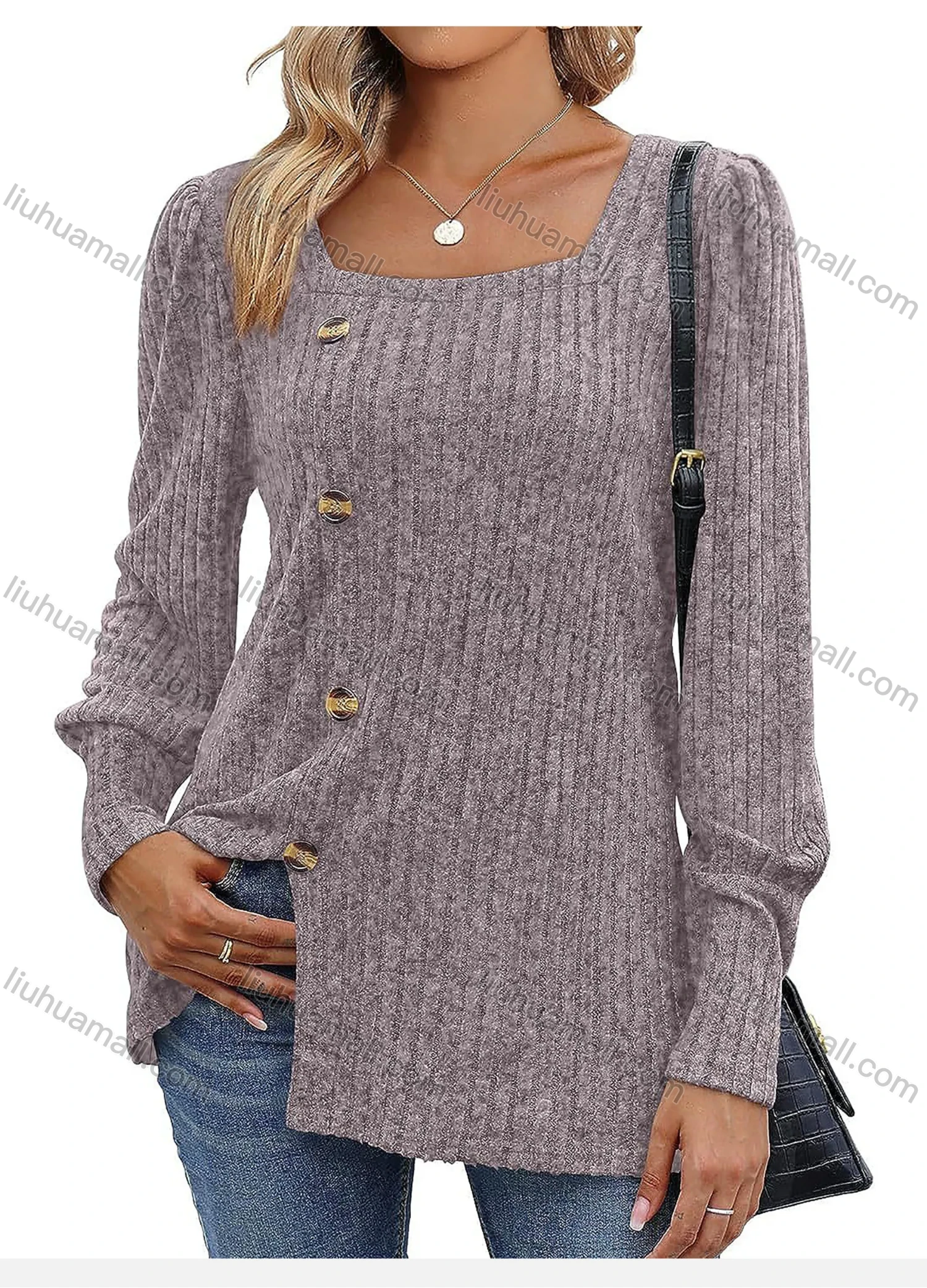 Wholesale Women's Casual Plain Button Decor Split Hem Square Neck Long Sleeve Tunic - Liuhuamall