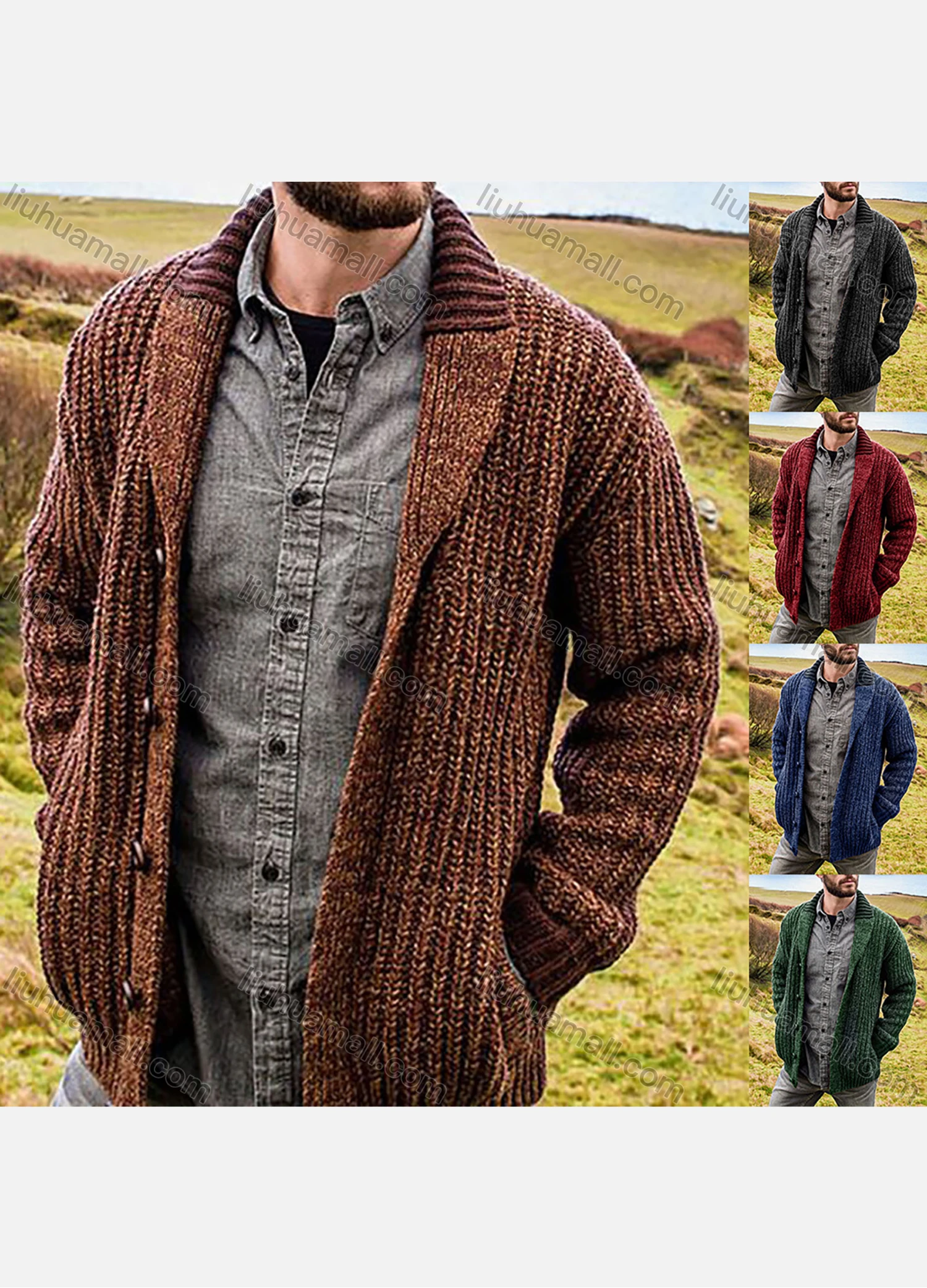 Wholesale Men's Casual Plain Lapel Collar Ribbed Chunky Knit Long Sleeve Button Down Cardigan - Liuhuamall