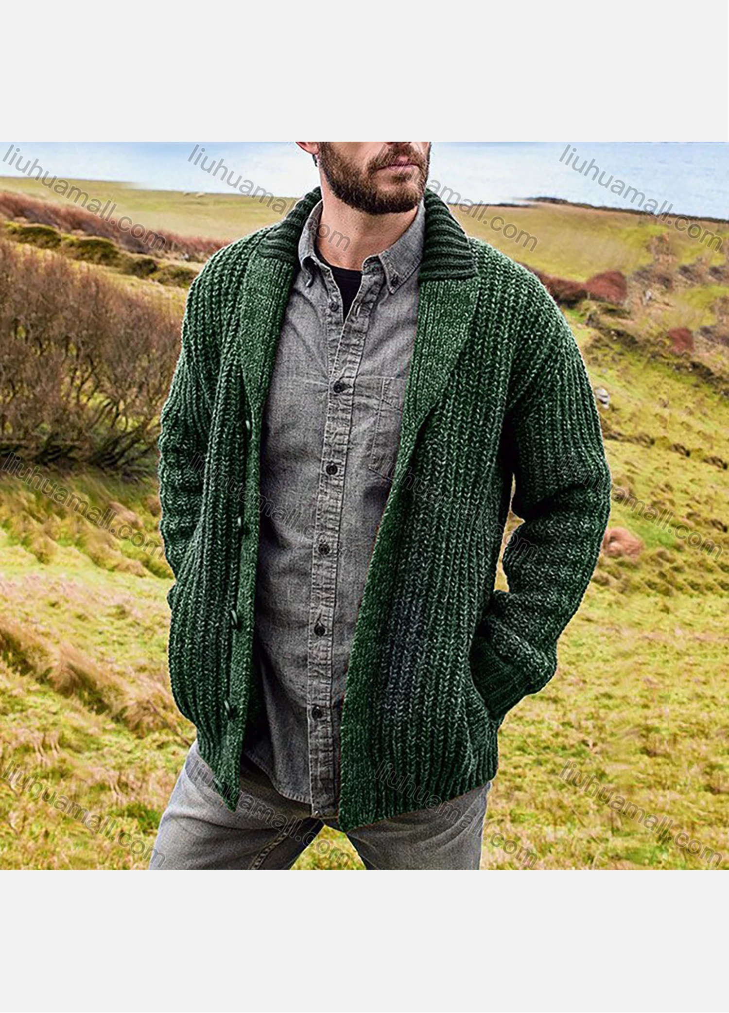 Wholesale Men's Casual Plain Lapel Collar Ribbed Chunky Knit Long Sleeve Button Down Cardigan - Liuhuamall