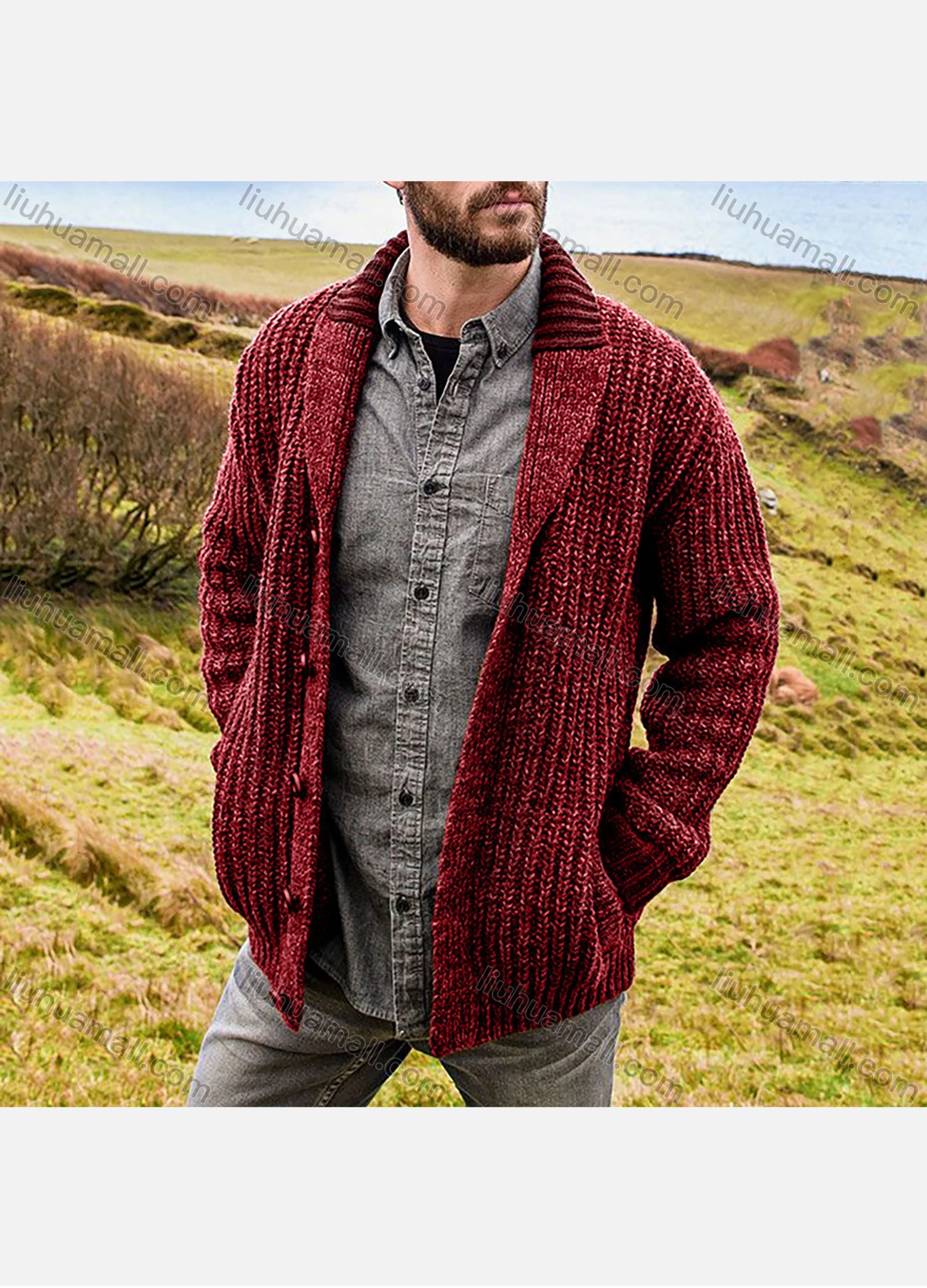 Wholesale Men's Casual Plain Lapel Collar Ribbed Chunky Knit Long Sleeve Button Down Cardigan - Liuhuamall