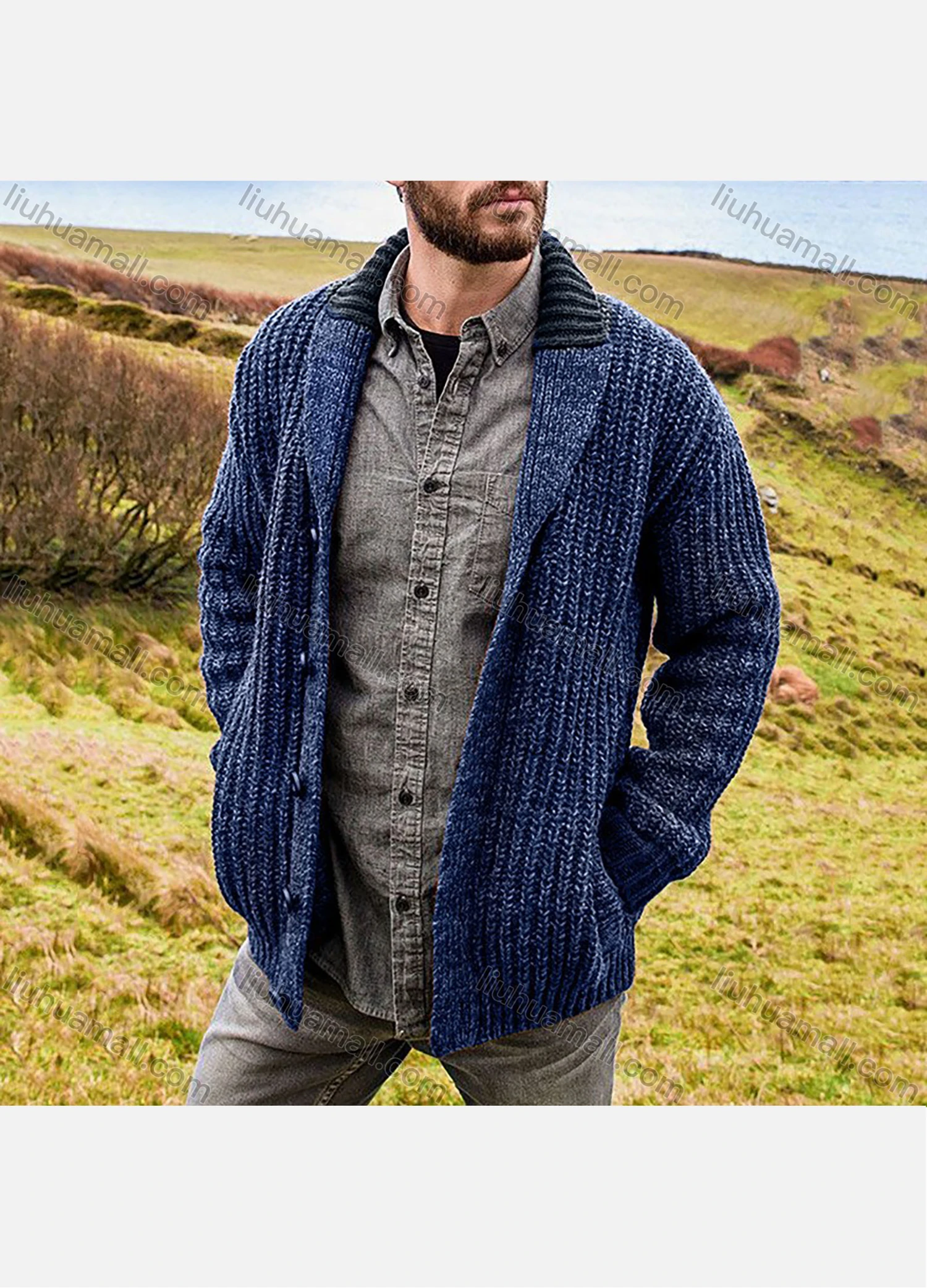 Wholesale Men's Casual Plain Lapel Collar Ribbed Chunky Knit Long Sleeve Button Down Cardigan - Liuhuamall
