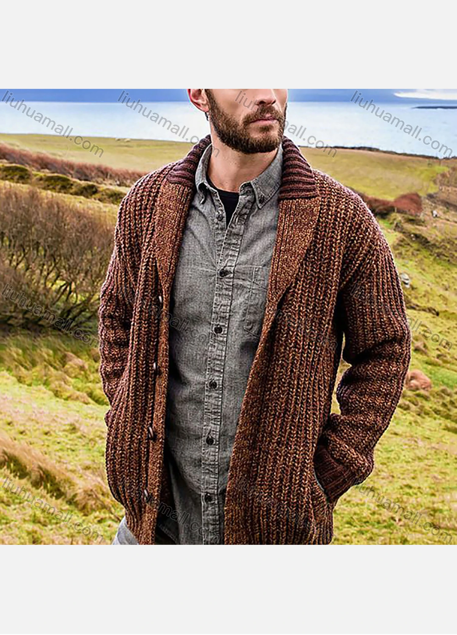 Wholesale Men's Casual Plain Lapel Collar Ribbed Chunky Knit Long Sleeve Button Down Cardigan - Liuhuamall