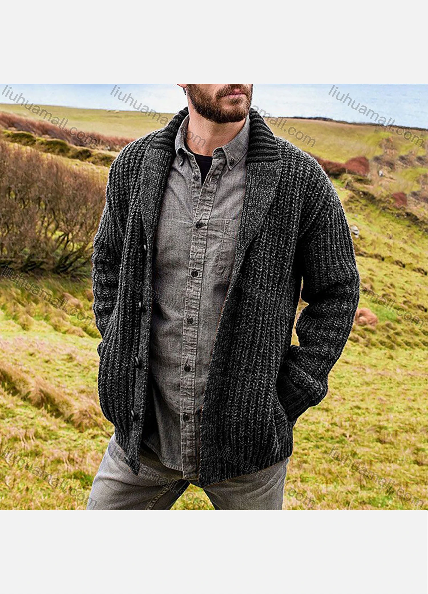 Wholesale Men's Casual Plain Lapel Collar Ribbed Chunky Knit Long Sleeve Button Down Cardigan - Liuhuamall