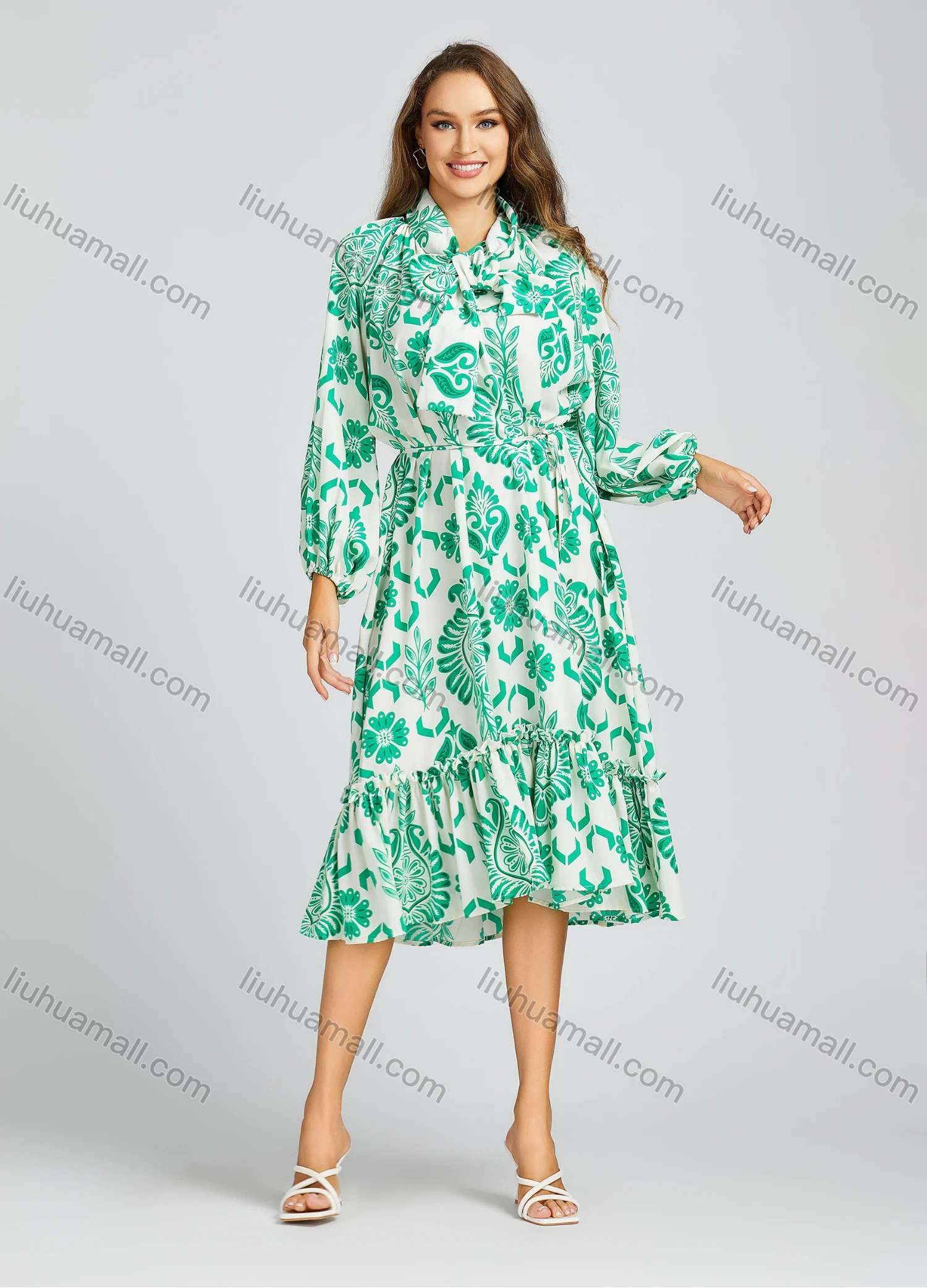 Wholesale Women's Casual Tie Neck Shirt Sleeve High Low Hem Allover Print Loose Fit Knee Length Dress 2010# - Liuhuamall