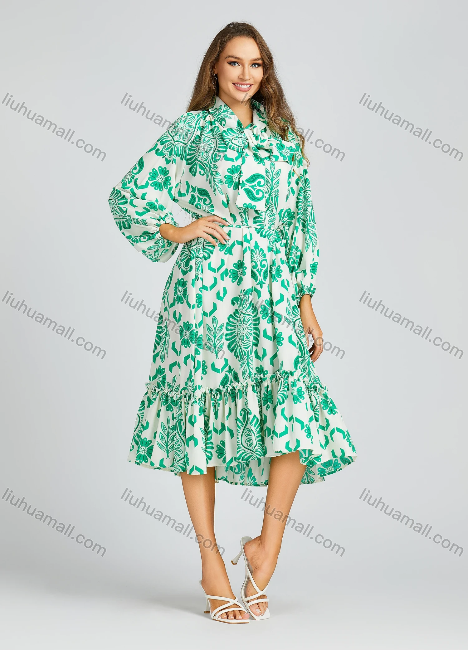 Wholesale Women's Casual Tie Neck Shirt Sleeve High Low Hem Allover Print Loose Fit Knee Length Dress 2010# - Liuhuamall
