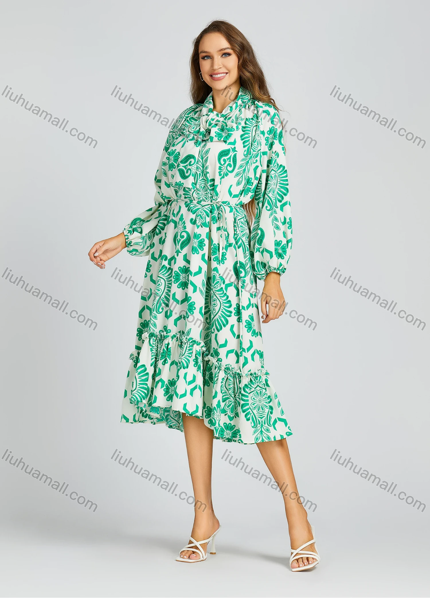Wholesale Women's Casual Tie Neck Shirt Sleeve High Low Hem Allover Print Loose Fit Knee Length Dress 2010# - Liuhuamall