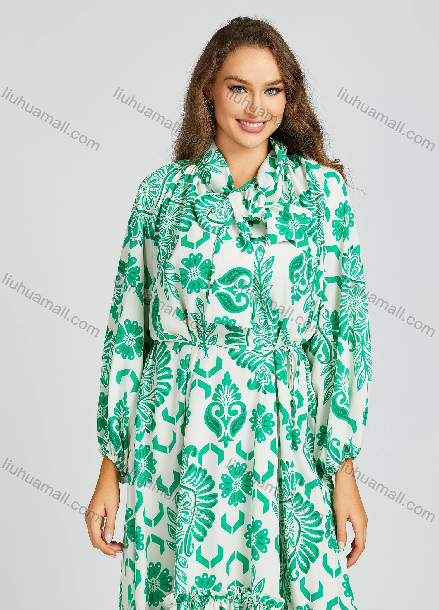 Wholesale Women's Casual Tie Neck Shirt Sleeve High Low Hem Allover Print Loose Fit Knee Length Dress 2010# - Liuhuamall