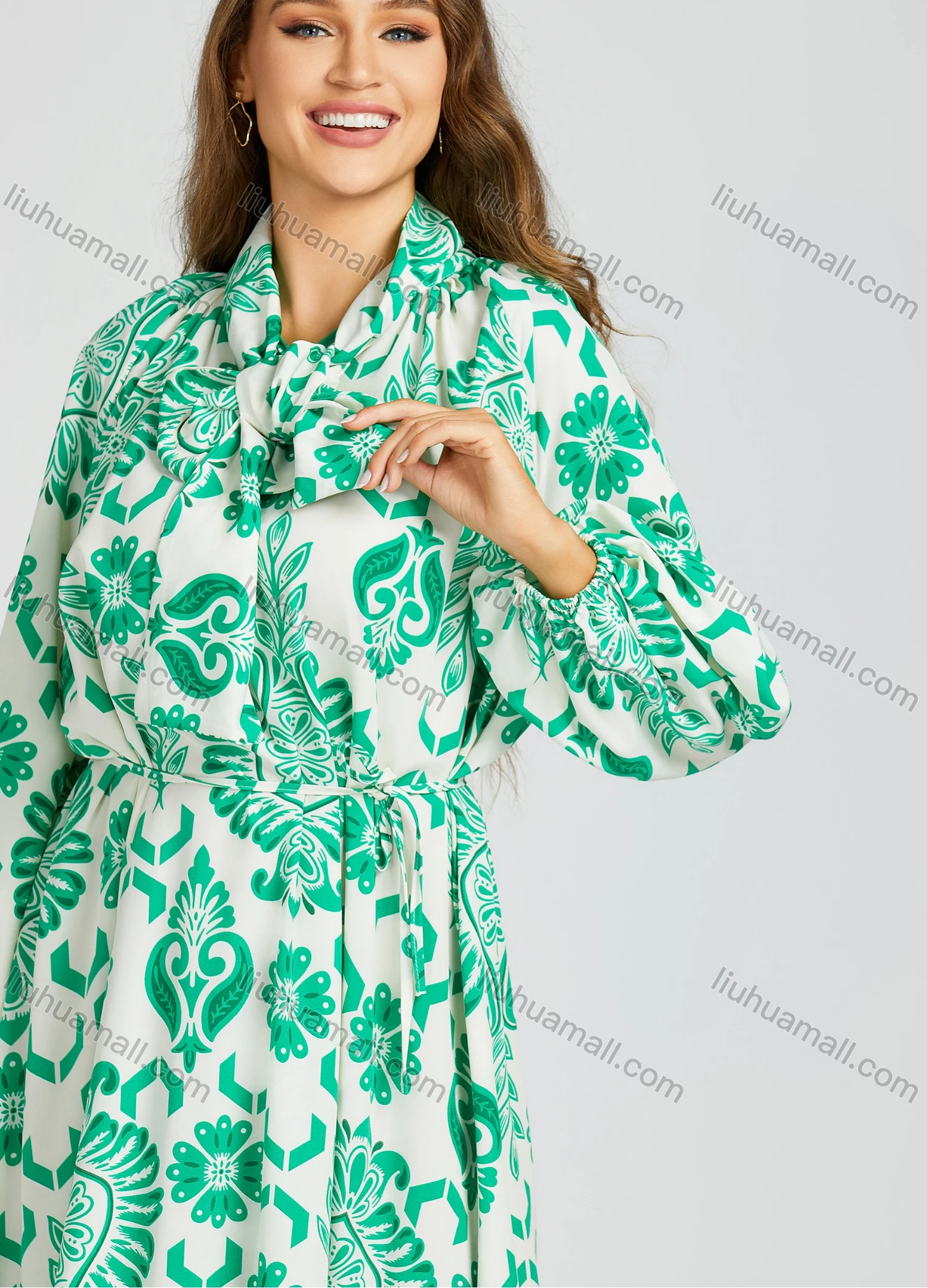 Wholesale Women's Casual Tie Neck Shirt Sleeve High Low Hem Allover Print Loose Fit Knee Length Dress 2010# - Liuhuamall