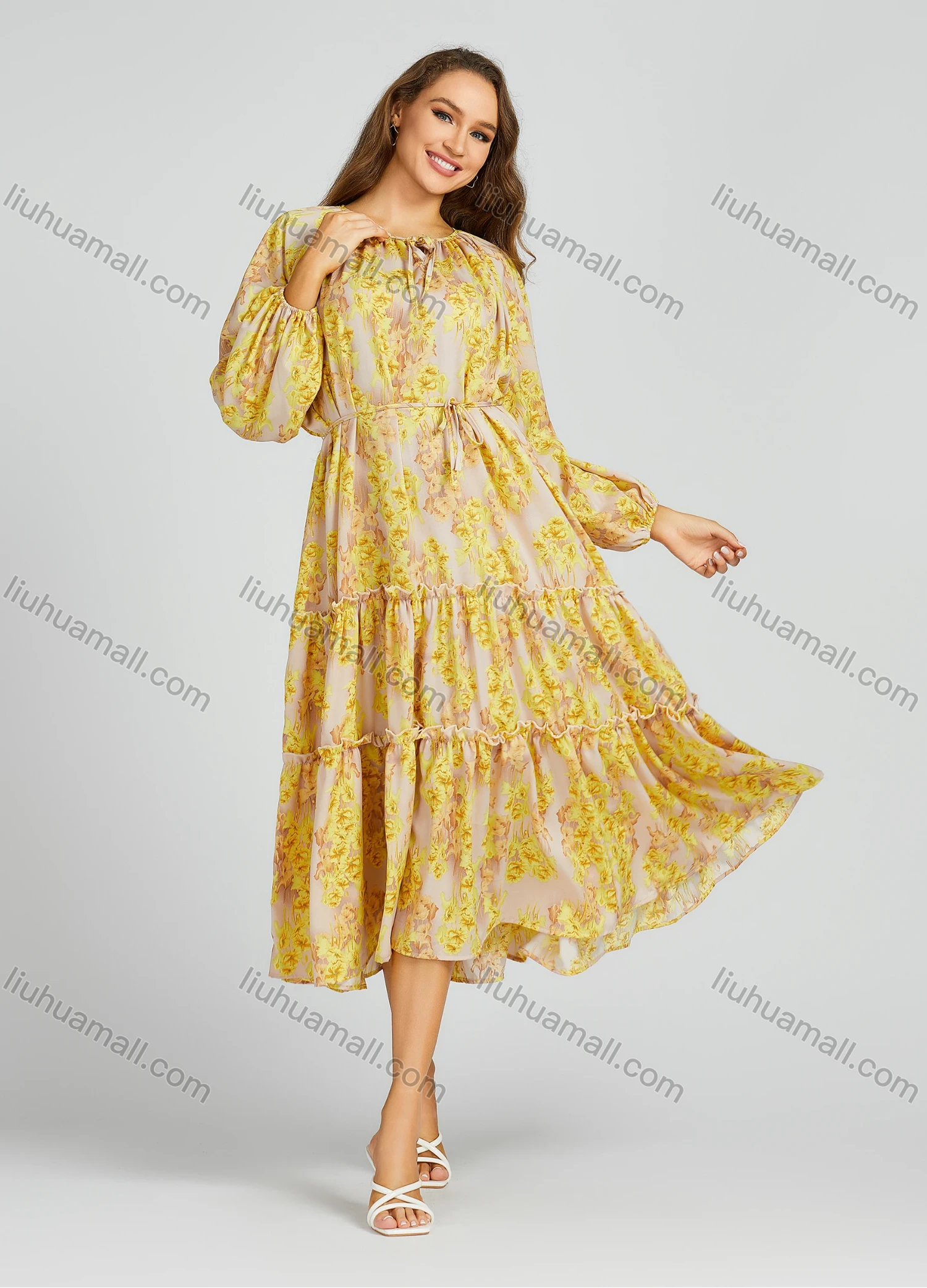 Wholesale Women's Casual Crew Neck Shirt Sleeve Floral Print Loose Fit Midi Dress 2012# - Liuhuamall