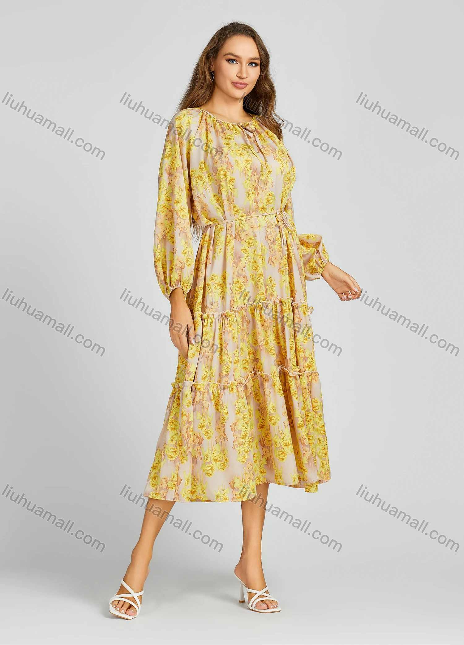 Wholesale Women's Casual Crew Neck Shirt Sleeve Floral Print Loose Fit Midi Dress 2012# - Liuhuamall