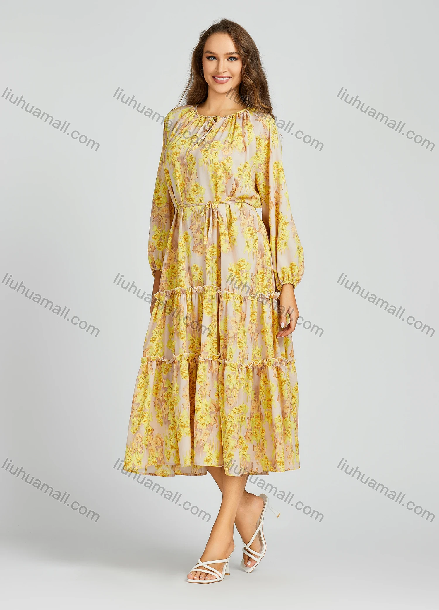 Wholesale Women's Casual Crew Neck Shirt Sleeve Floral Print Loose Fit Midi Dress 2012# - Liuhuamall