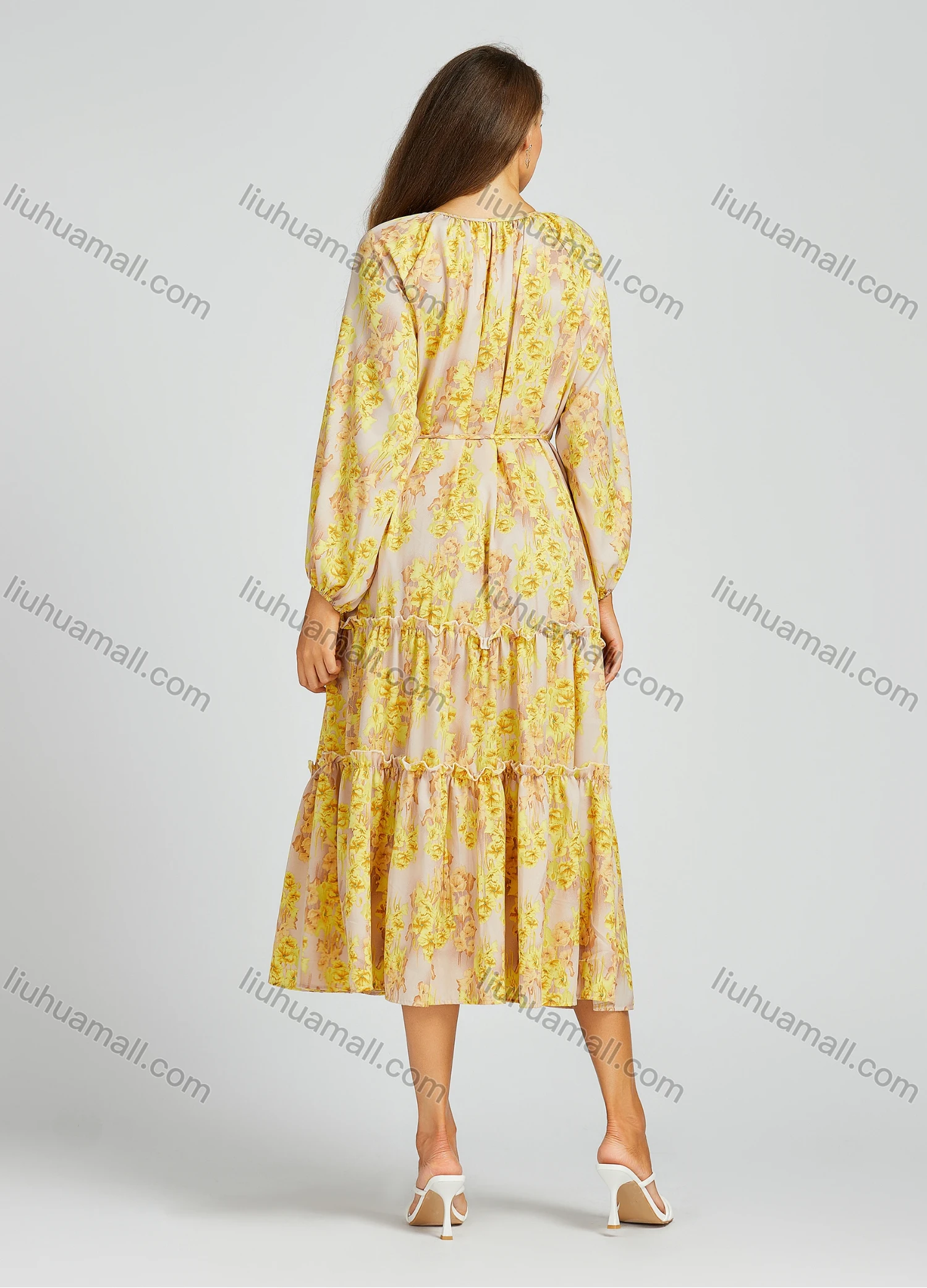Wholesale Women's Casual Crew Neck Shirt Sleeve Floral Print Loose Fit Midi Dress 2012# - Liuhuamall