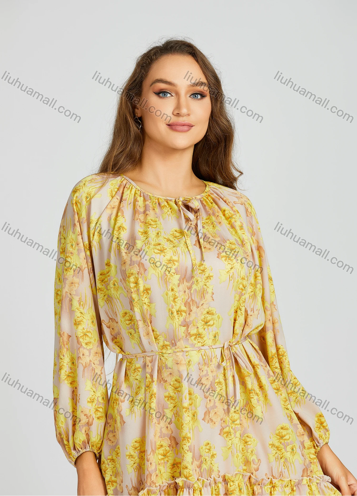 Wholesale Women's Casual Crew Neck Shirt Sleeve Floral Print Loose Fit Midi Dress 2012# - Liuhuamall