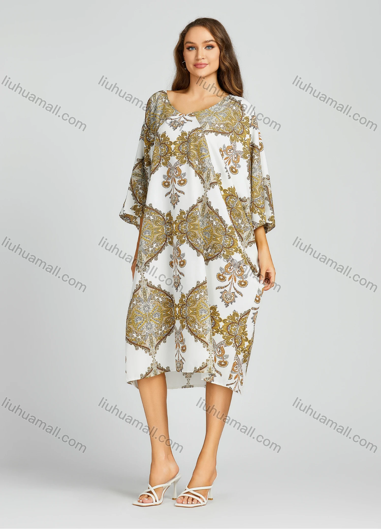 Wholesale Women's Casual V Neck Shirt Sleeve Baroque Print Loose Fit Knee Length Kaftan Dress 2013# - Liuhuamall