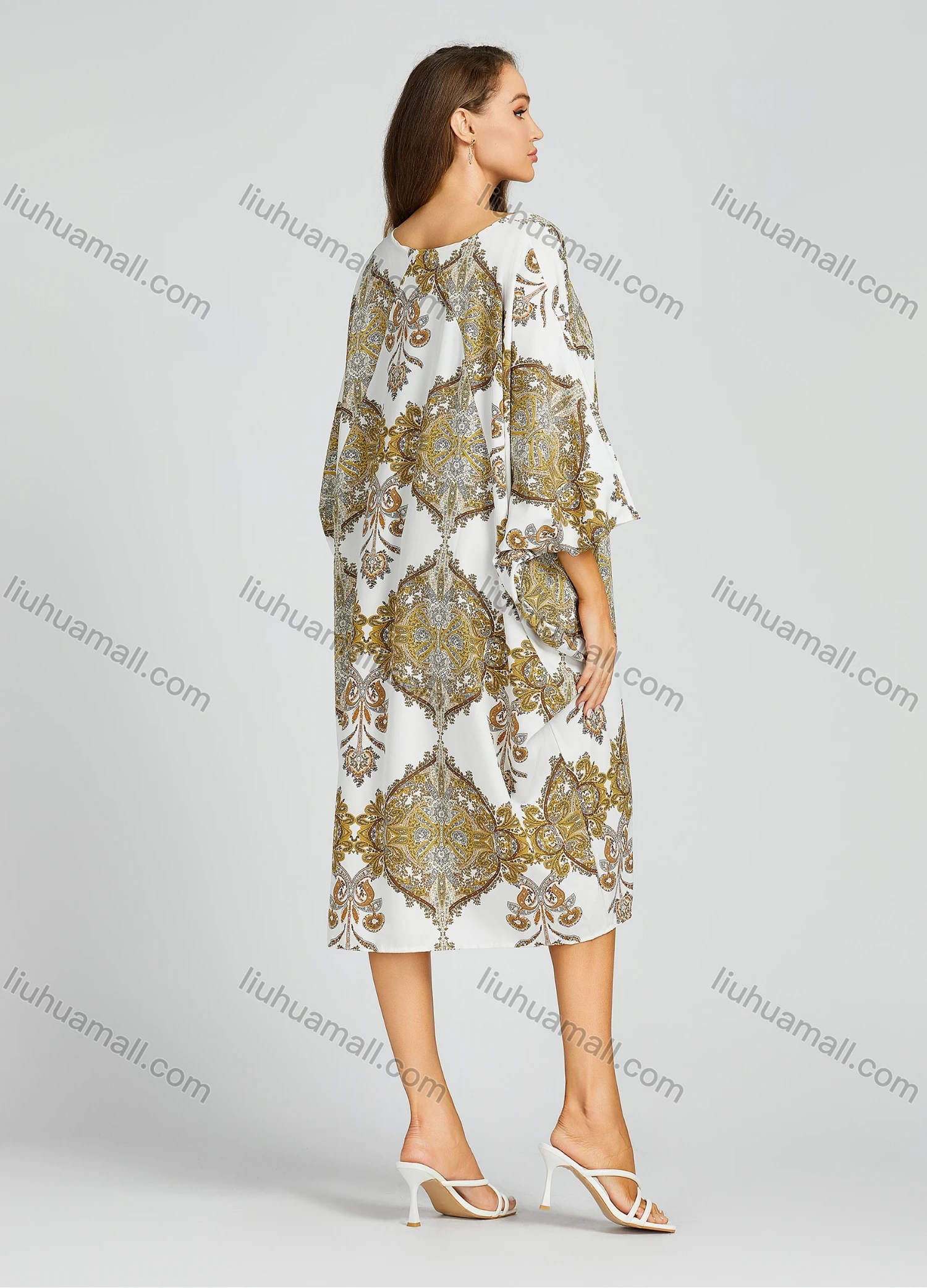Wholesale Women's Casual V Neck Shirt Sleeve Baroque Print Loose Fit Knee Length Kaftan Dress 2013# - Liuhuamall
