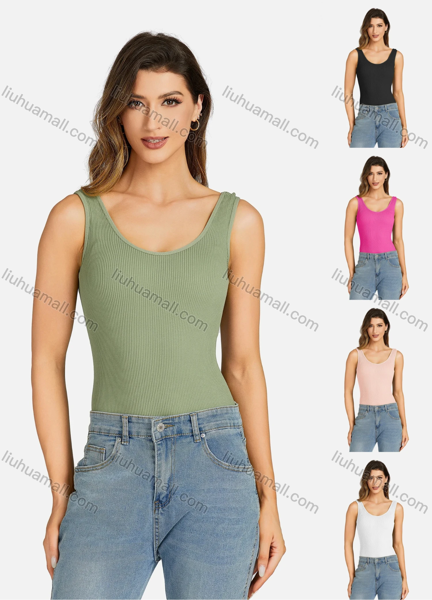 Wholesale Women's Casual Scoop Neck Plain Slim Fit Sleeveless Tank Top 7173# - Liuhuamall
