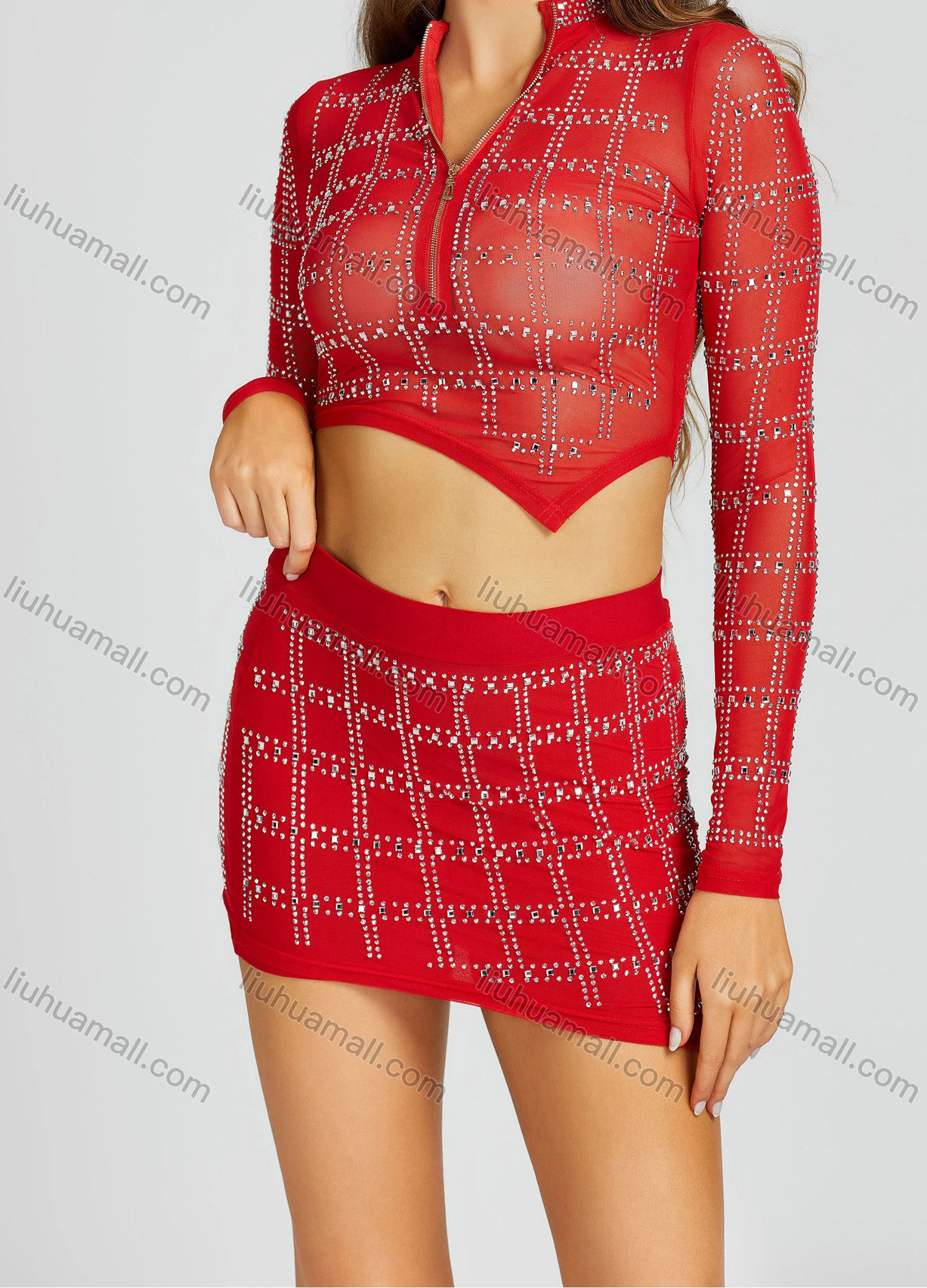 Wholesale Women's Glamorous Plain Rhinestone Asymmetrical Hem Long Sleeve Half Zipper Crop Top & Mini Skirt Set xm-148# - Liuhuamall