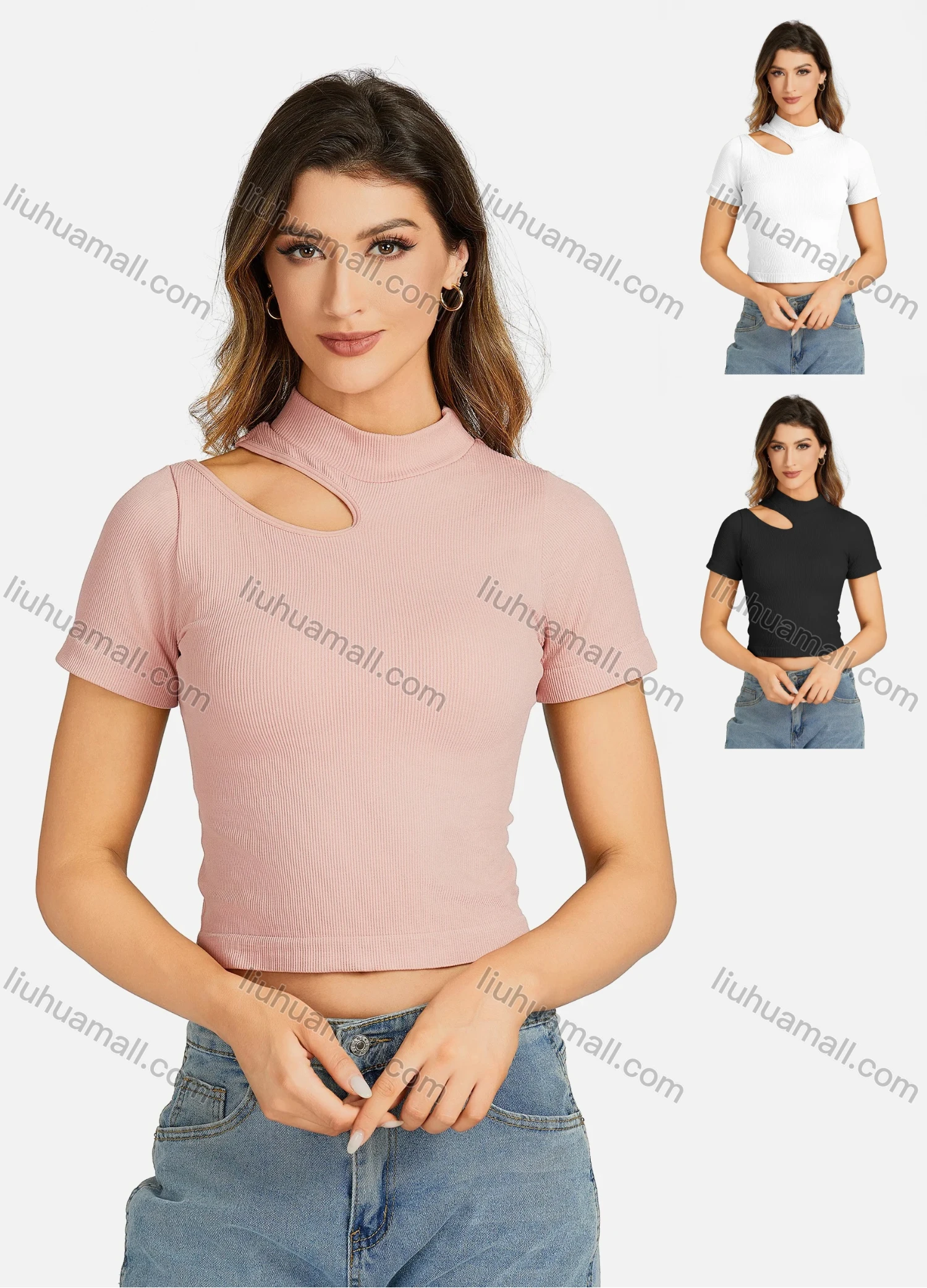Wholesale Women's Casual Mock Neck Plain Cutout One Shoulder Top 7172# - Liuhuamall